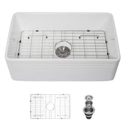 White Farmhouse Sink 30 inch Apron-front Ceramic Reversible Single Bowl Kitchen Sink in White with Stainless Steel Grid and Strainer