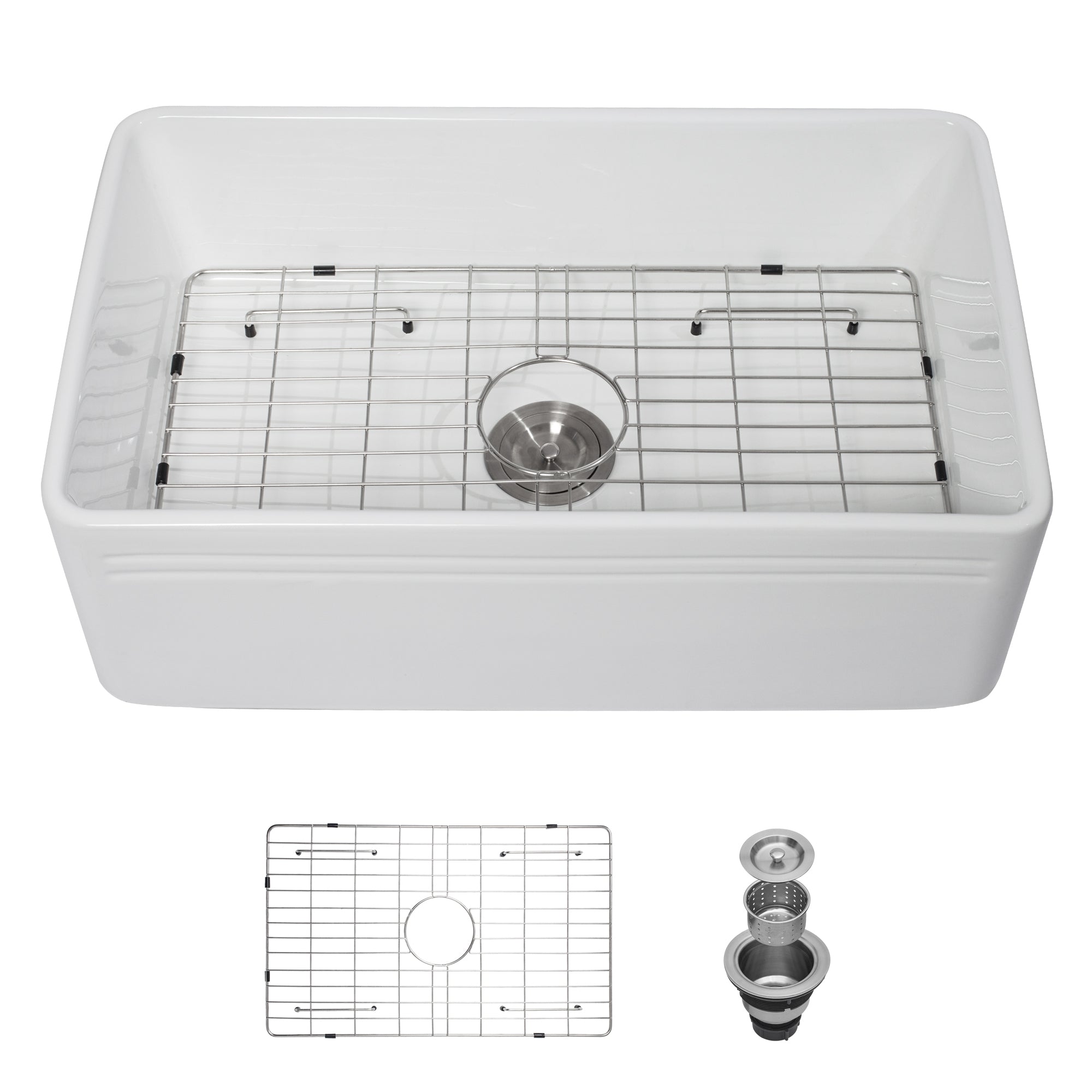 White Farmhouse Sink 30 inch Apron-front Ceramic Reversible Single Bowl Kitchen Sink in White with Stainless Steel Grid and Strainer