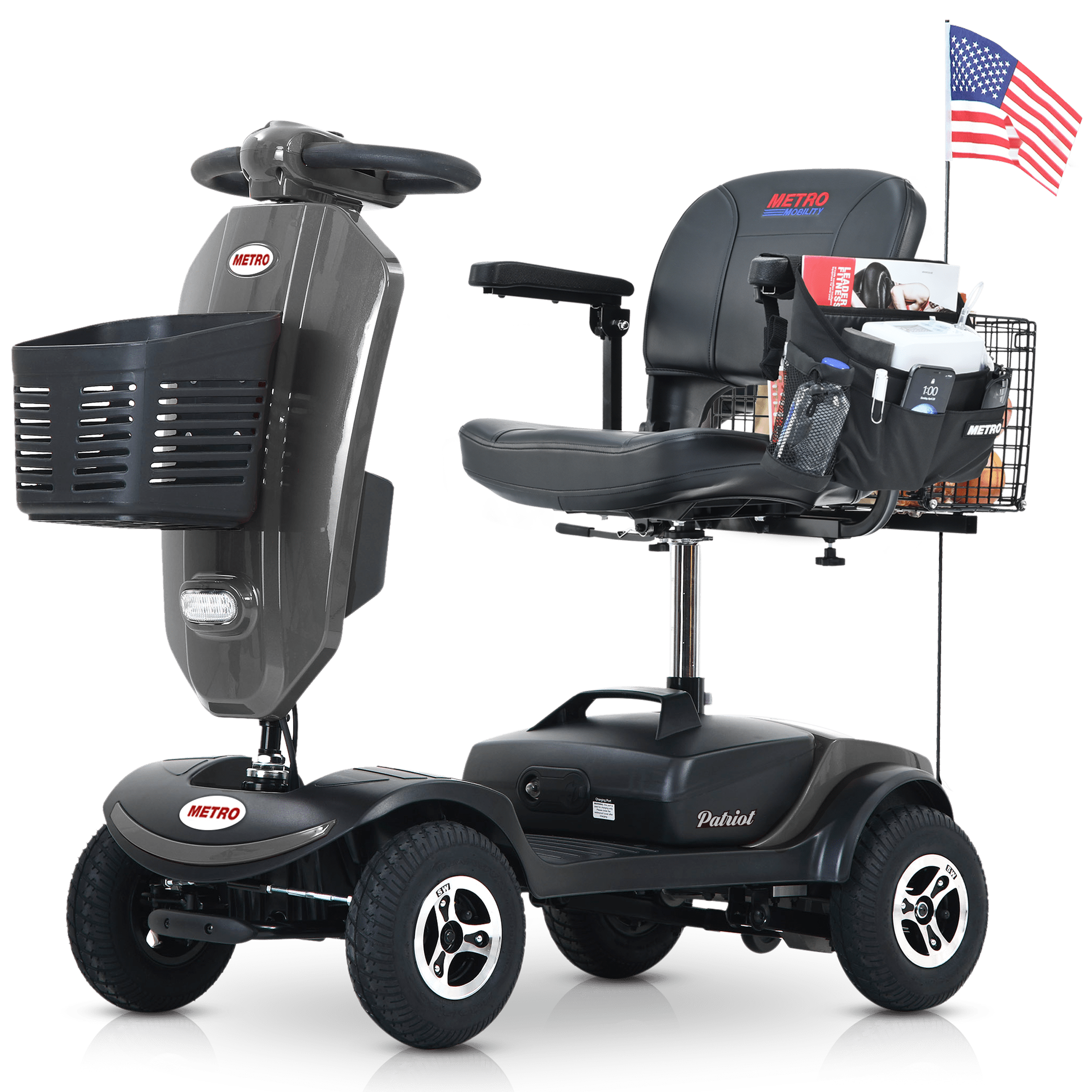 Outdoor compact mobility scooter with windshield ,300W Motor, Travel - Long Range Power Extended Battery with Cup holders & USB charger port, GREY