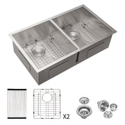 Brushed Nickel 16 Gauge Stainless Steel Undermount Double Bowl Kitchen Sink 32x18 inch with 9 Inch Deep Bowls