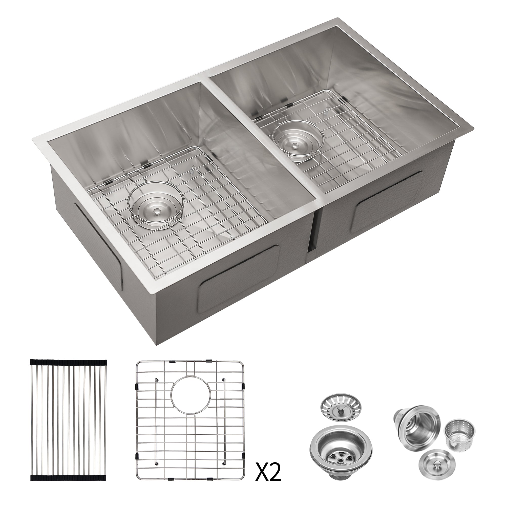 Brushed Nickel 16 Gauge Stainless Steel Undermount Double Bowl Kitchen Sink 32x18 inch with 9 Inch Deep Bowls