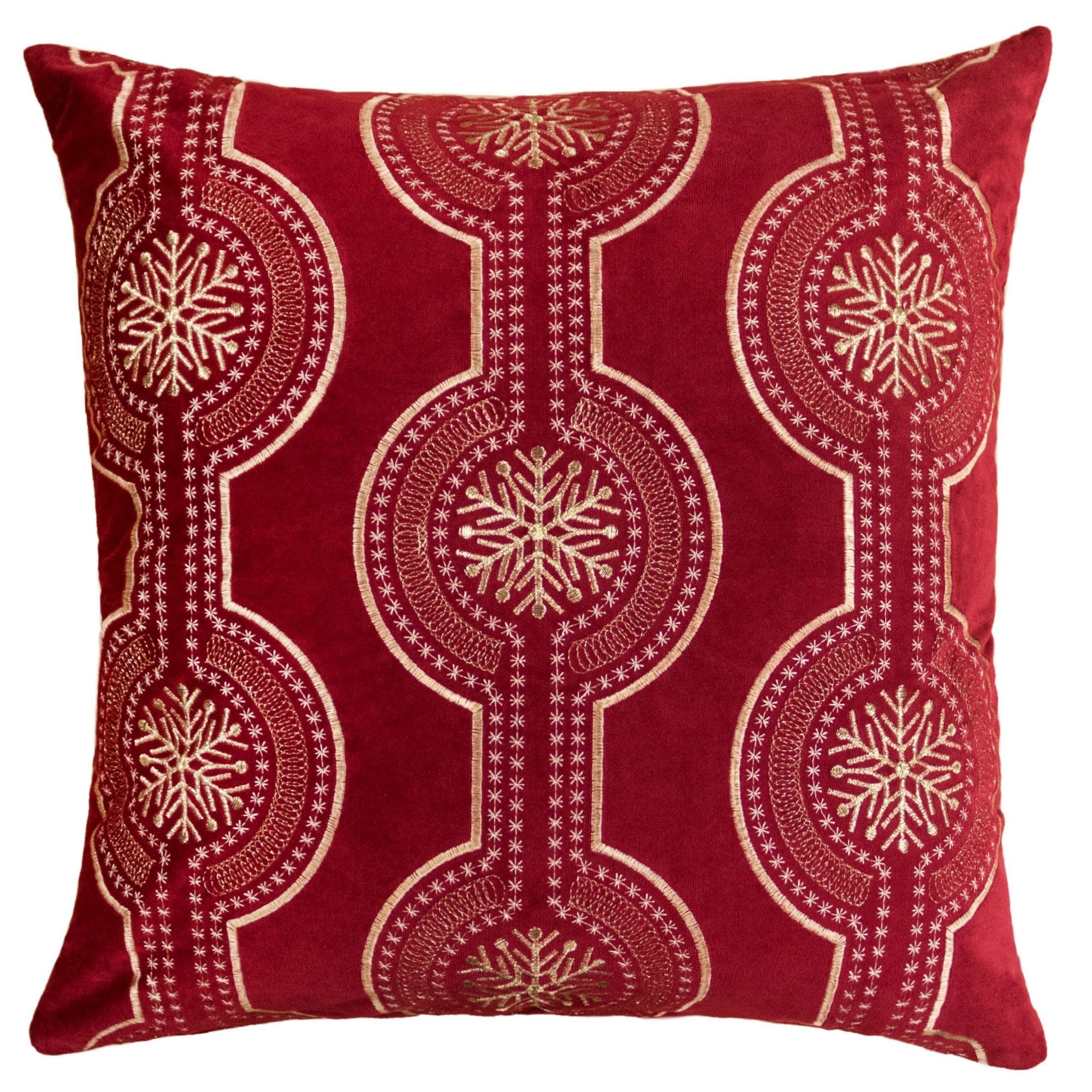 Red Holiday Embroidered Velvet Throw Pillow with Insert 20x20 in Red Polyester Fabric