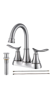 2-Handle 4-Inch Brushed Nickel Bathroom Faucet, Bathroom Vanity Sink Faucets with Pop-up Drain and Supply Hoses