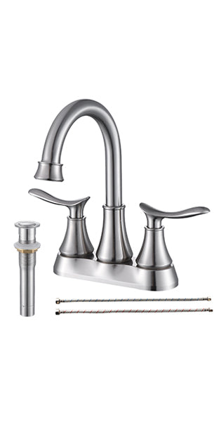2-Handle 4-Inch Brushed Nickel Bathroom Faucet, Bathroom Vanity Sink Faucets with Pop-up Drain and Supply Hoses