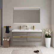 60' Wall-Mounted Bathroom Vanity with Double Sinks, Floating Bathroom Storage Cabinet with Stone Resin Countertop and Soft Close Drawers, Ash Grey 24V15-60DAG