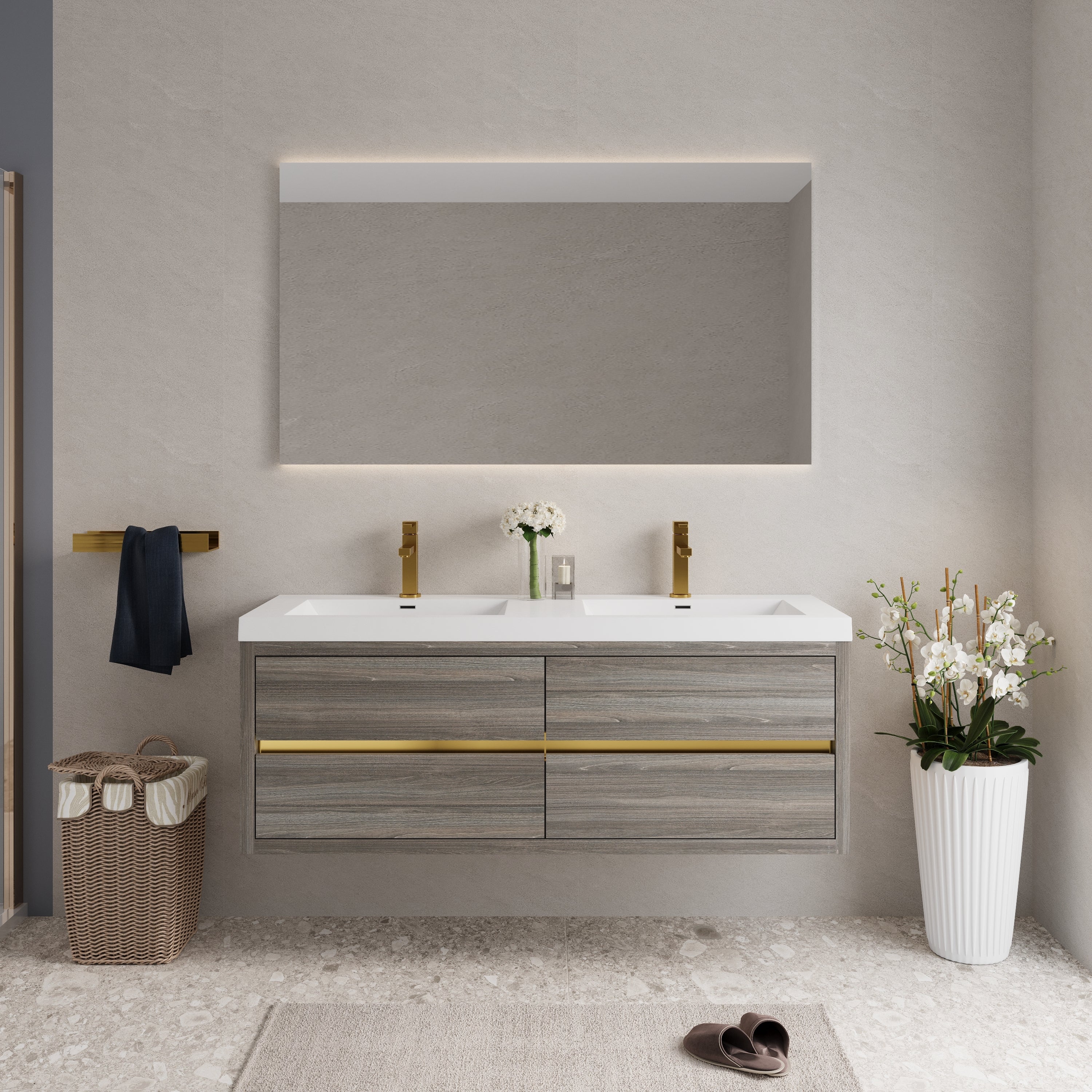 60' Wall-Mounted Bathroom Vanity with Double Sinks, Floating Bathroom Storage Cabinet with Stone Resin Countertop and Soft Close Drawers, Ash Grey 24V15-60DAG