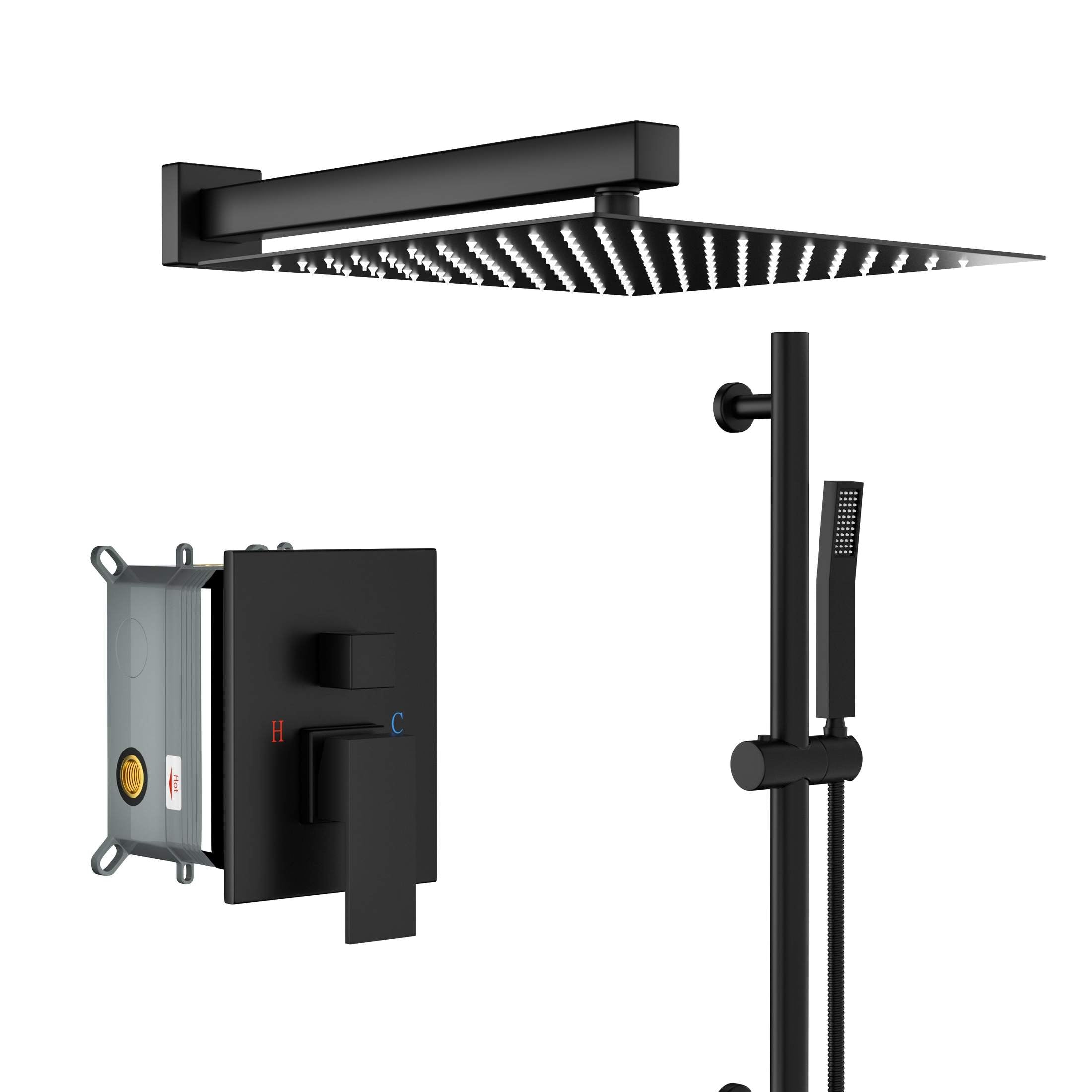 Matte Black Shower System with Adjustable Slide Bar and 10 Inch Wall Mounted Square Shower Head