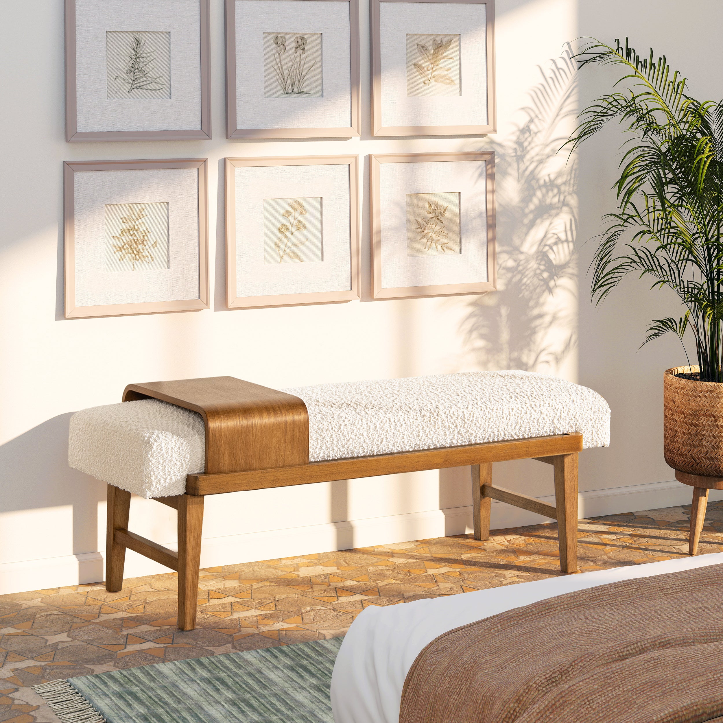 Billie 52' Modern Telephone Bench with Sliding Shelf, Ivory White Boucle