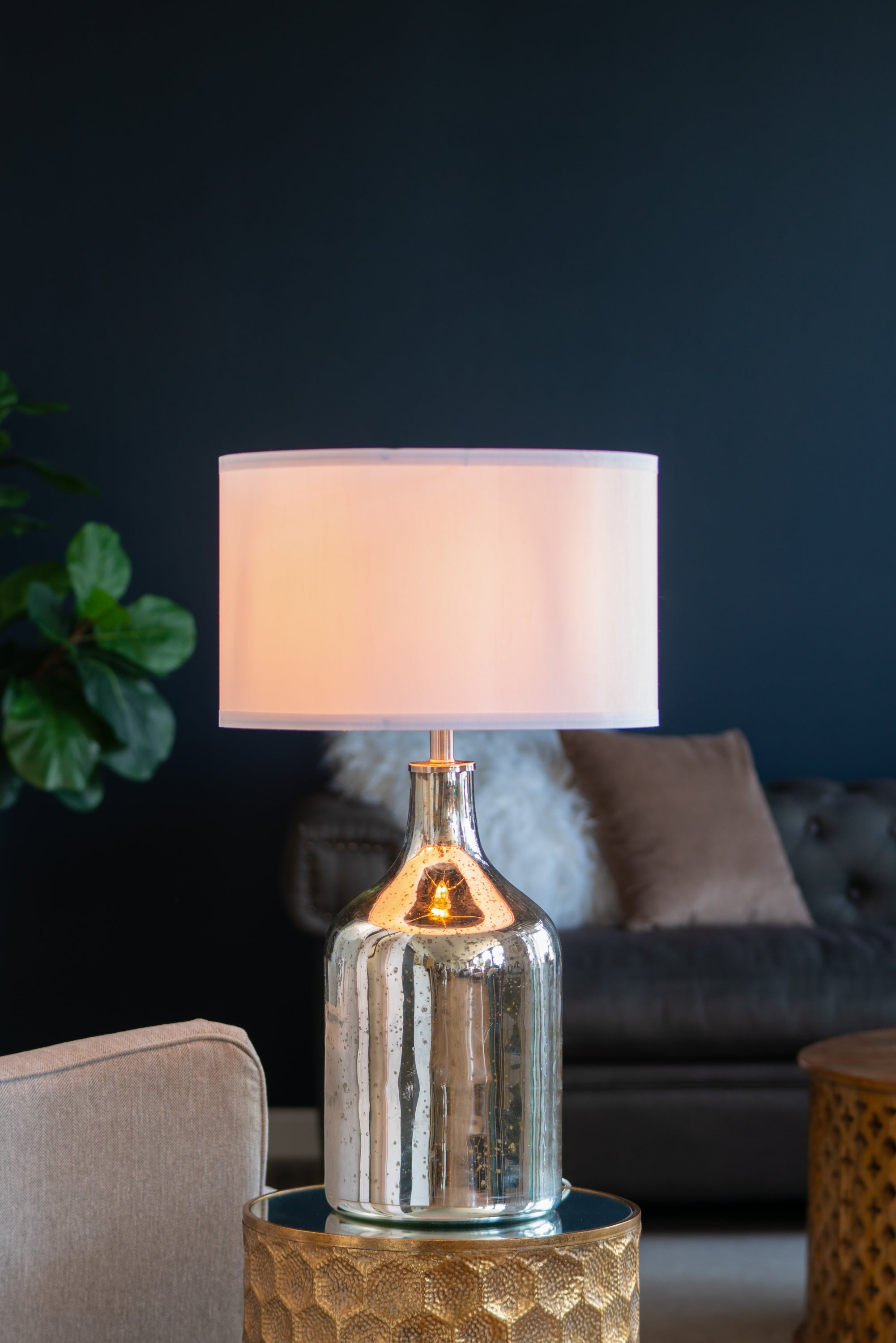 D18x32.2' Silver Round Table Lamp with White Fabric Shade(Lamp Shade Assembly Required)