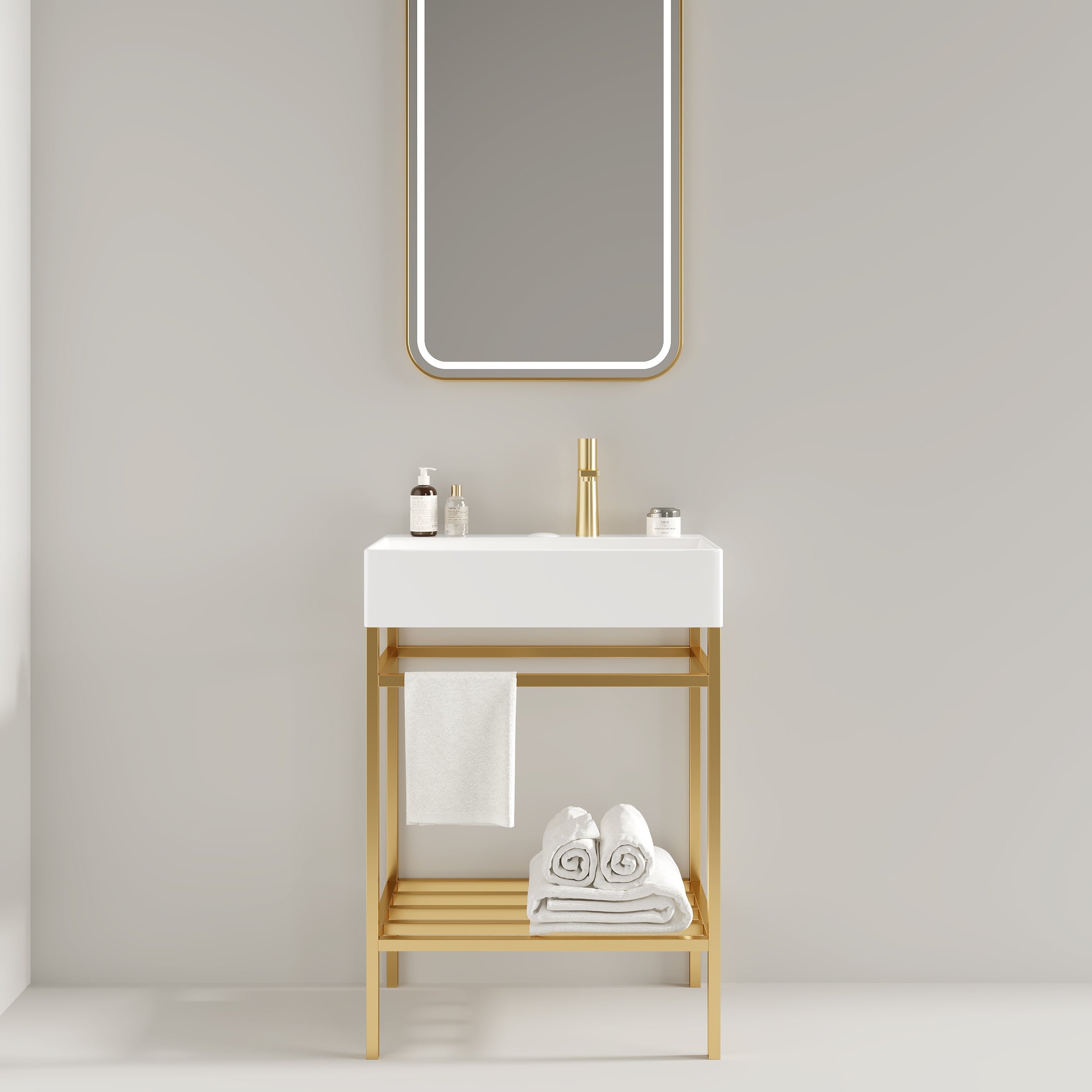 LOFI 24' Bathroom Vanity with Ceramic Basin, Freestanding Bathroom Console Sink Set, Glossy White Rectangular Ceramic Basin without Faucet, Open Metal Leg, Storage Shelves, Gold Color
