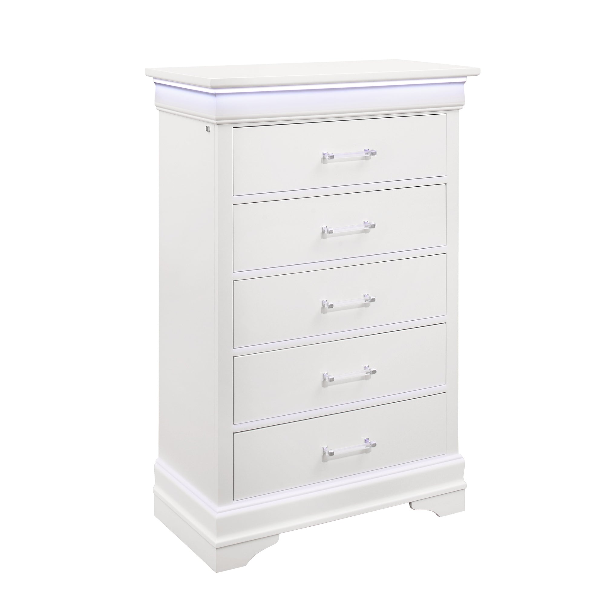 Charlston White 5-Drawer Chest with LED Lighting in Solid Wood and MDF