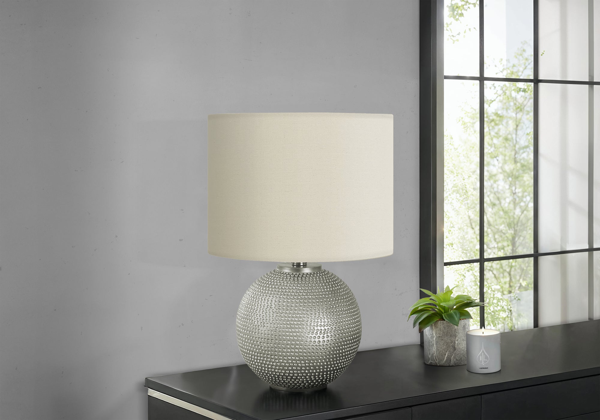 Lighting, 19'h, Table Lamp, Grey Resin, Ivory / Cream Shade, Modern