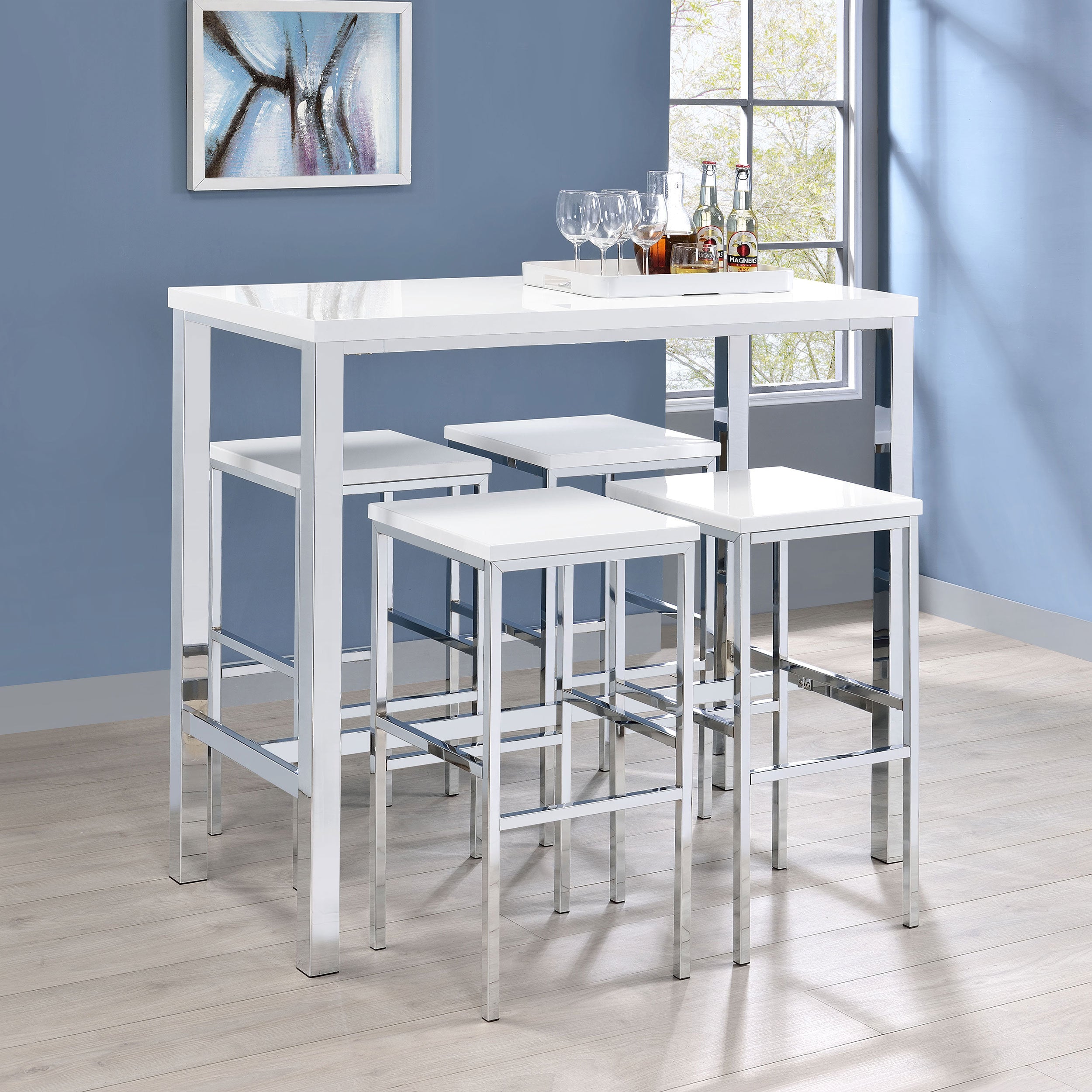 Nimitz White High Gloss and Chrome 5-Piece Bar Set
