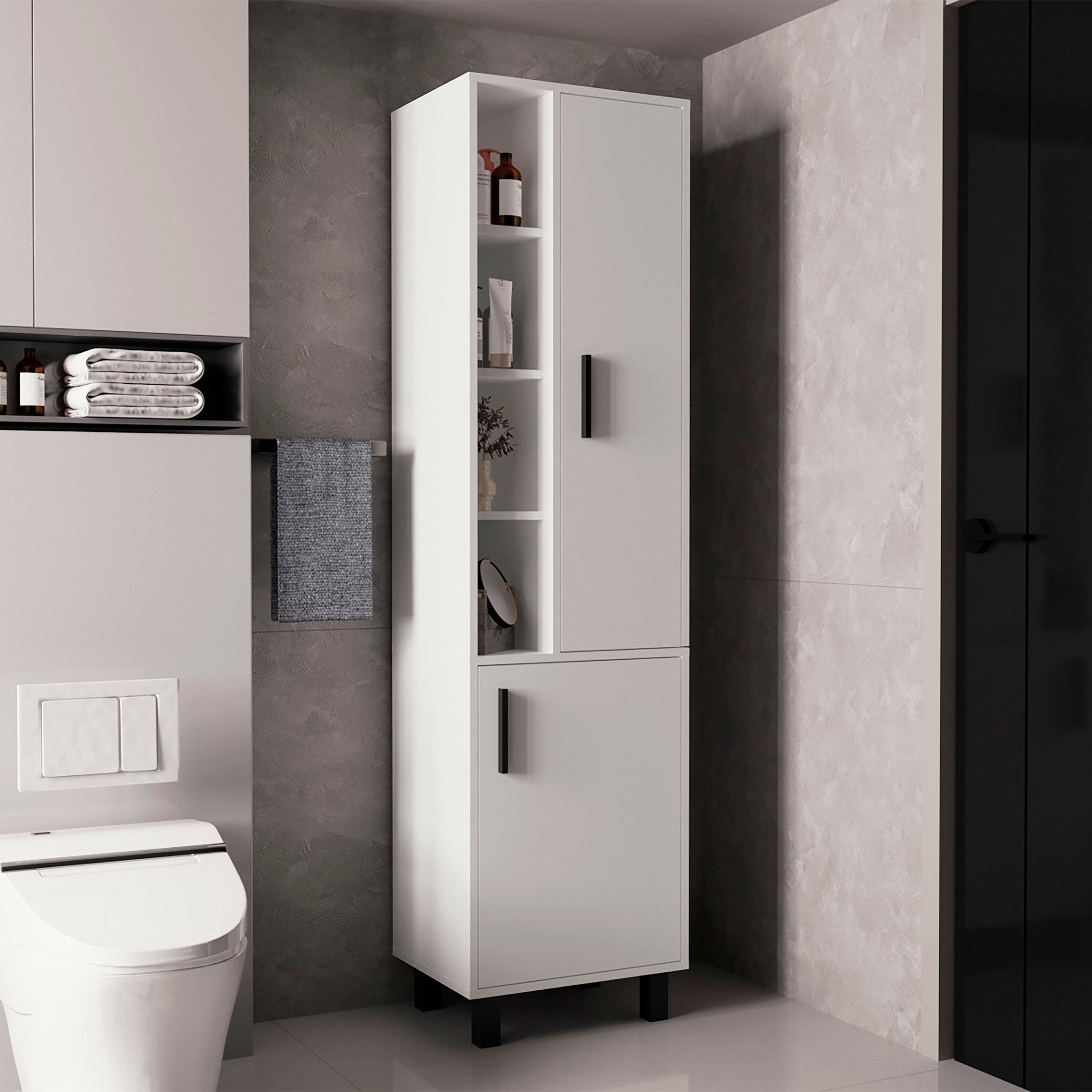 Stanton Tall Storage Cabinet With Two Doors And Three Open Shelves, White