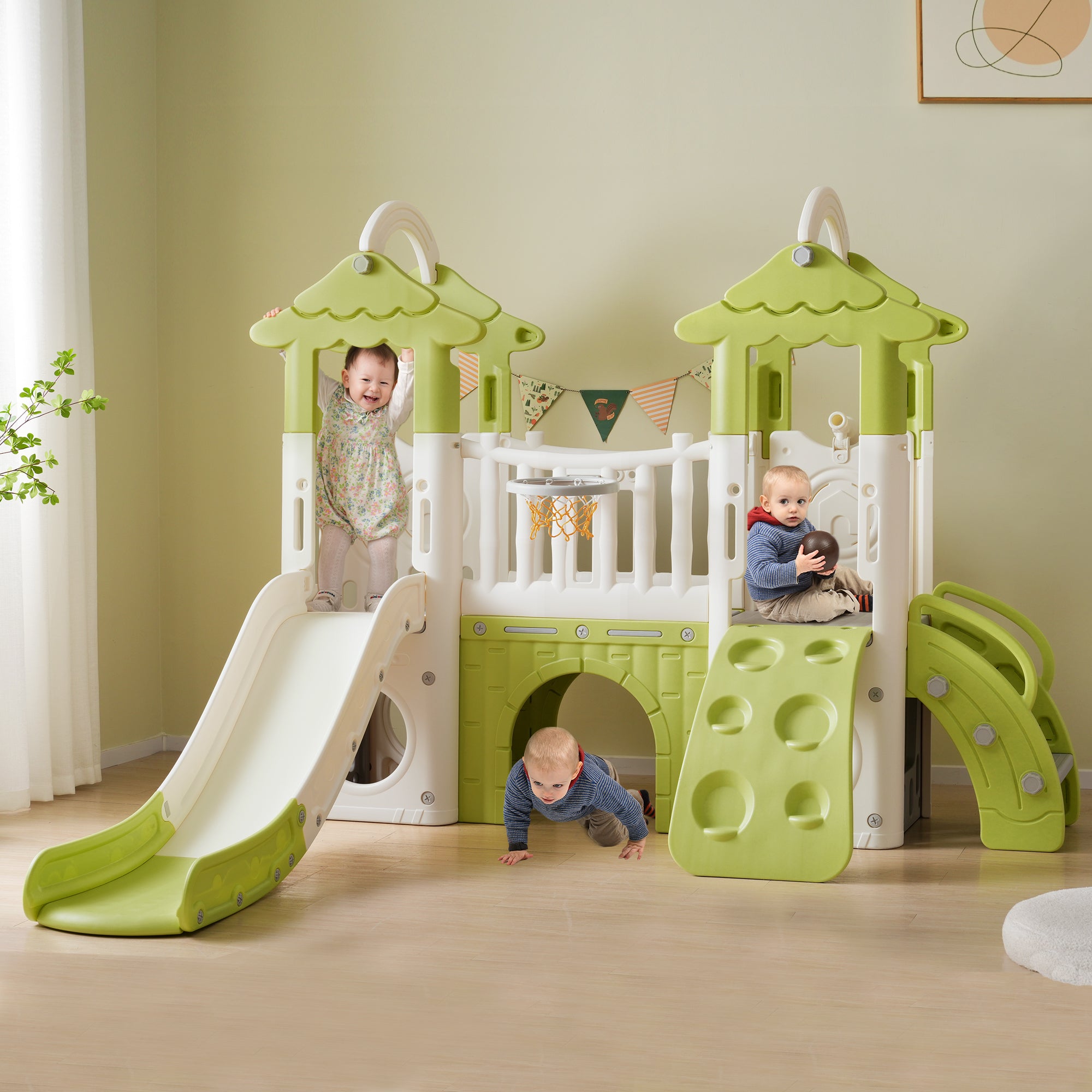 8-1 Toddler Climber and Slide Set,Kids Slide for Toddlers Age 1+, Kids Playground Climber Freestanding Slide Playset with Basketball Hoop, Play Combination for Babies,Indoor& Outdoor
