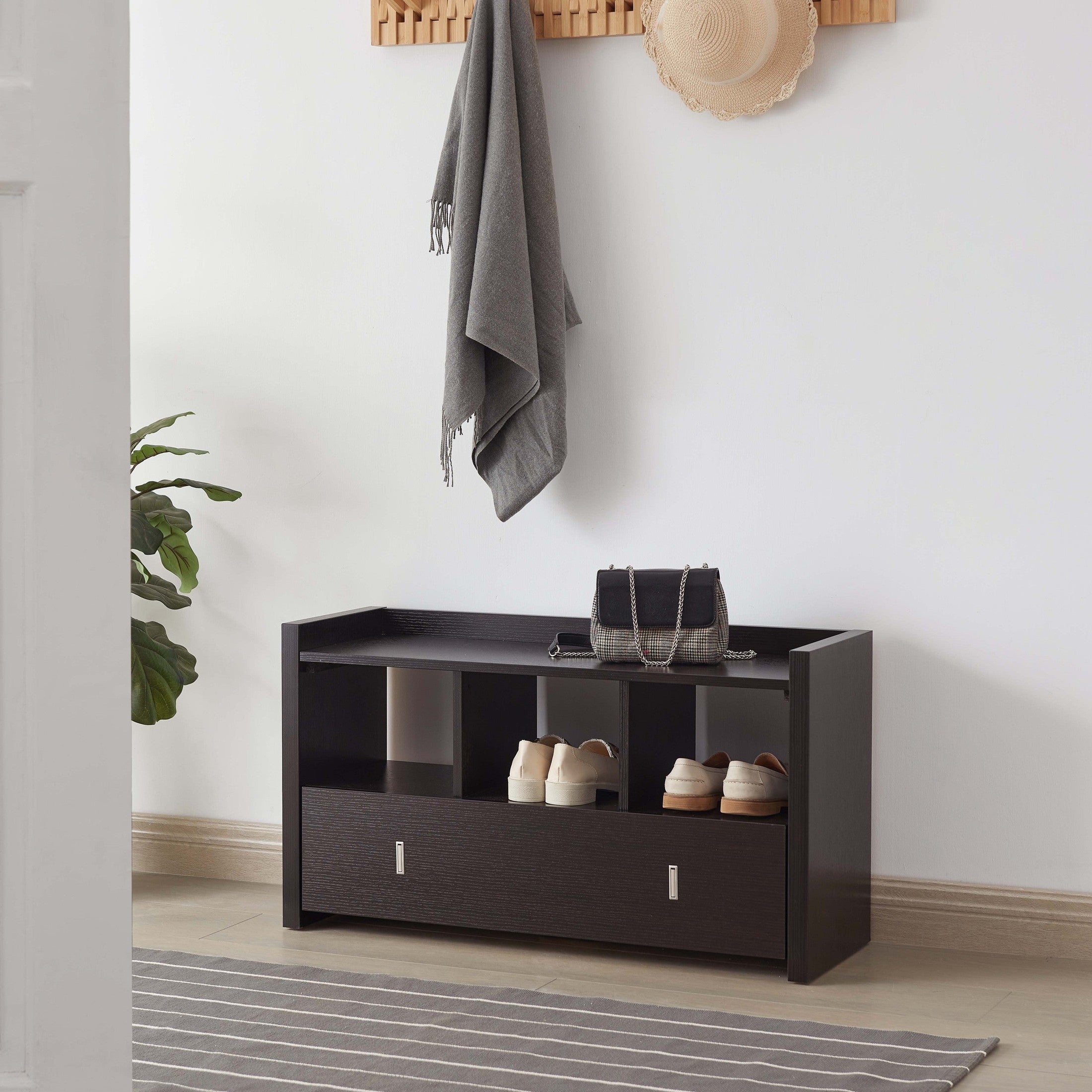 Shoe Entry Bench with Drawer, Shoe Storage Organizer, Red Cocoa
