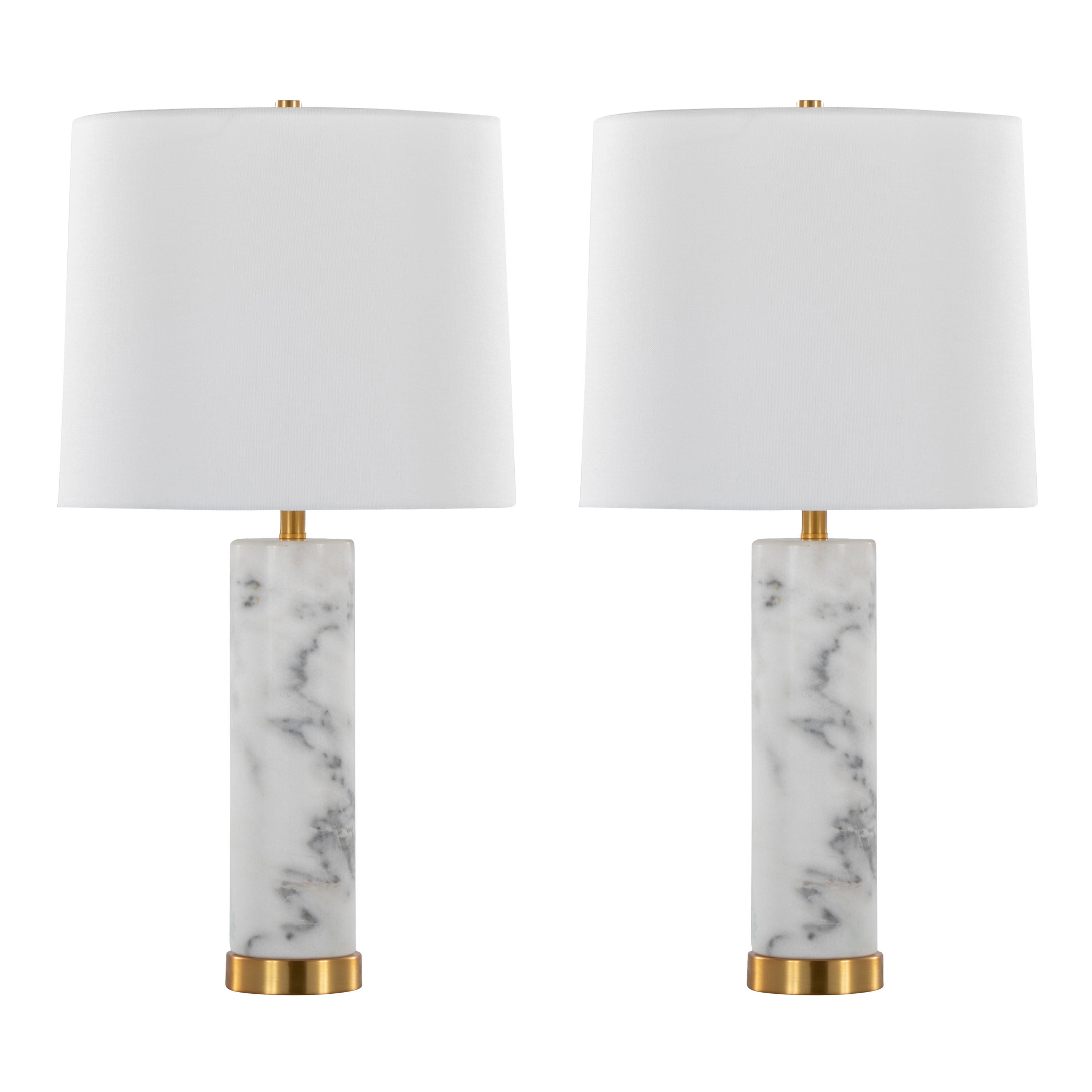 Marabella 26' Contemporary Marble Table Lamp in White Marble and Brass Metal with White Linen Shade by LumiSource - Set of 2