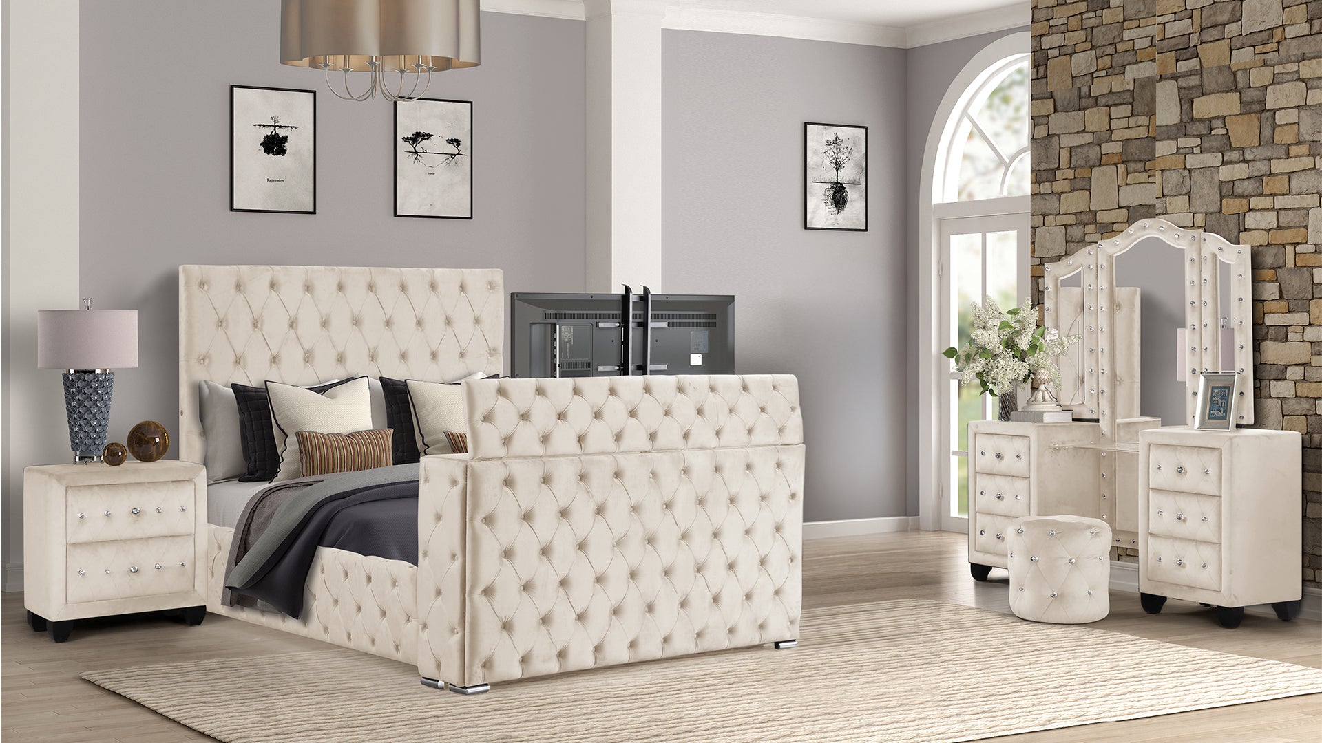 Encore Modern Style Tufted and Upholstered King 4PC Vanity Bedroom set made with wood in Beige(CA Inventory)