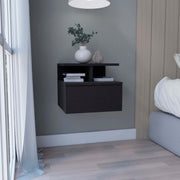 Floating Nightstand 12'H, Wall Mounted with Single Drawer and 2-Tier Shelf, Black