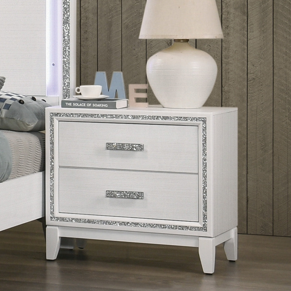 Contemporary Bedroom Furniture White Finish Nightstand with Two Drawers Wooden 1pc Shimmering Silver Trim Accent