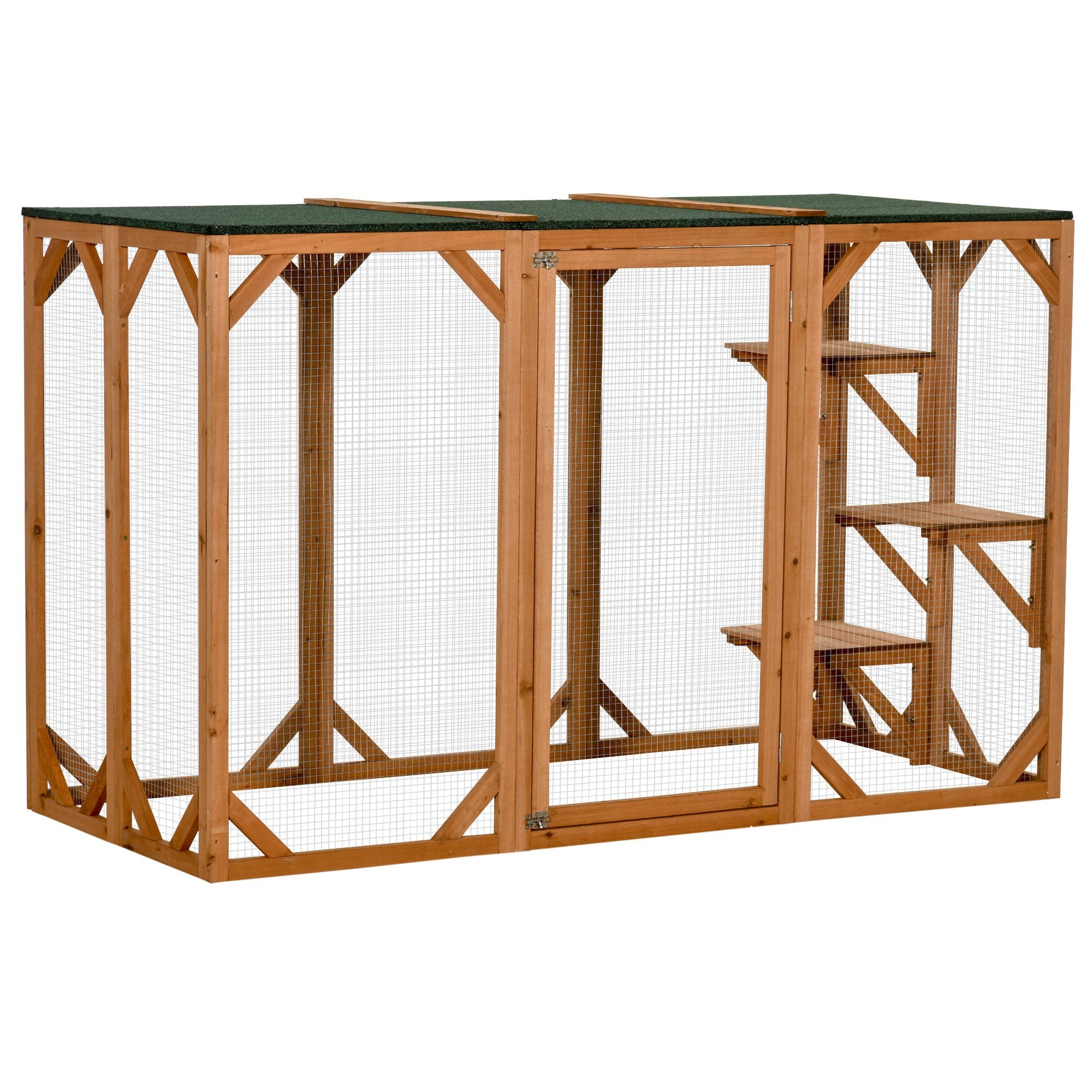 PawHut Outdoor Cat House, Catio Wooden Feral Cat Shelter, Cat Cage with Platforms, Large Enter Door, Weather Protection Asphalt Roof, 71' L, Orange