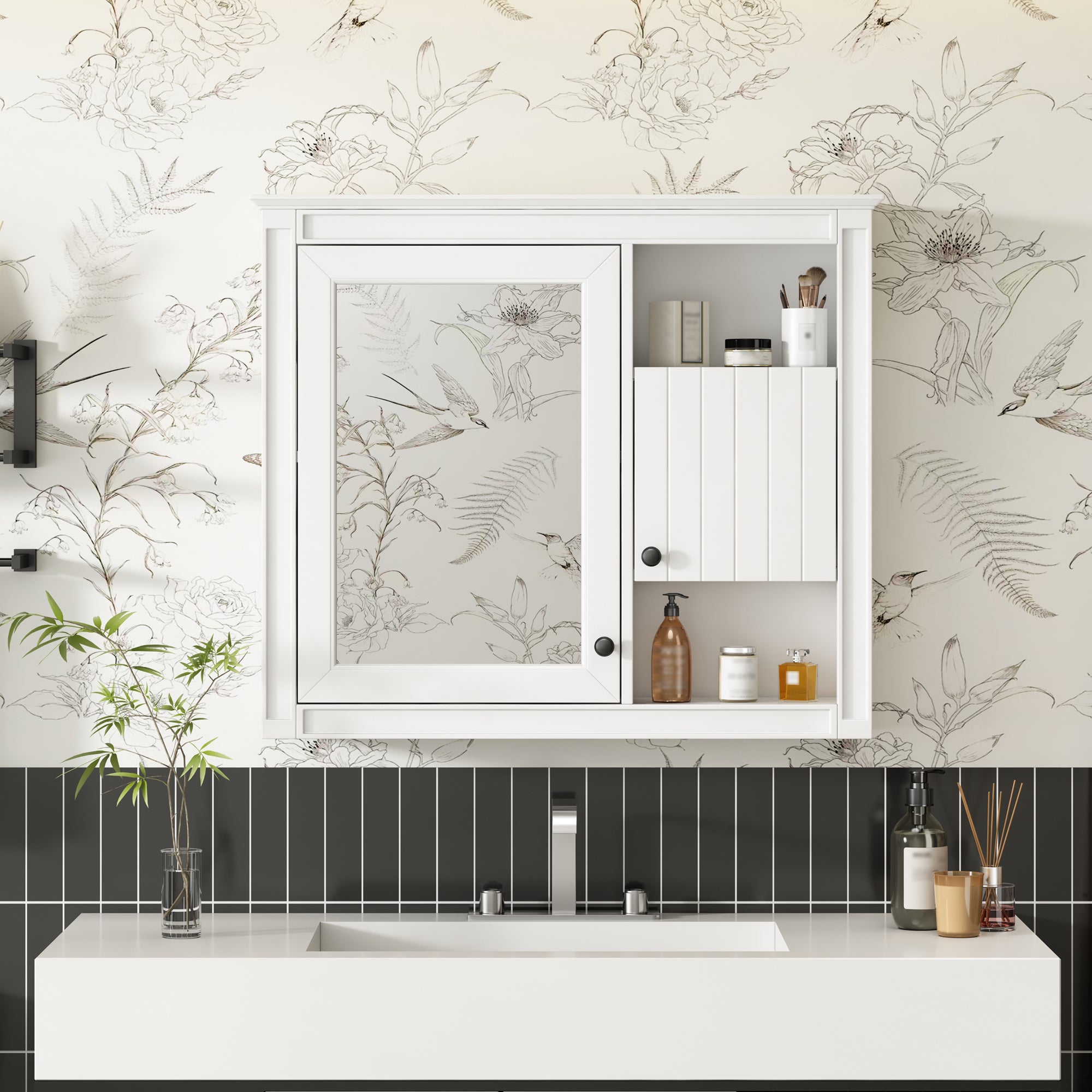 32'' Bathroom Wall Cabinet with Mirror, Wall Mounted Medicine Cabinet with 3 Shelves, Mirrored Door Over Toilet Storage Cabinet, White