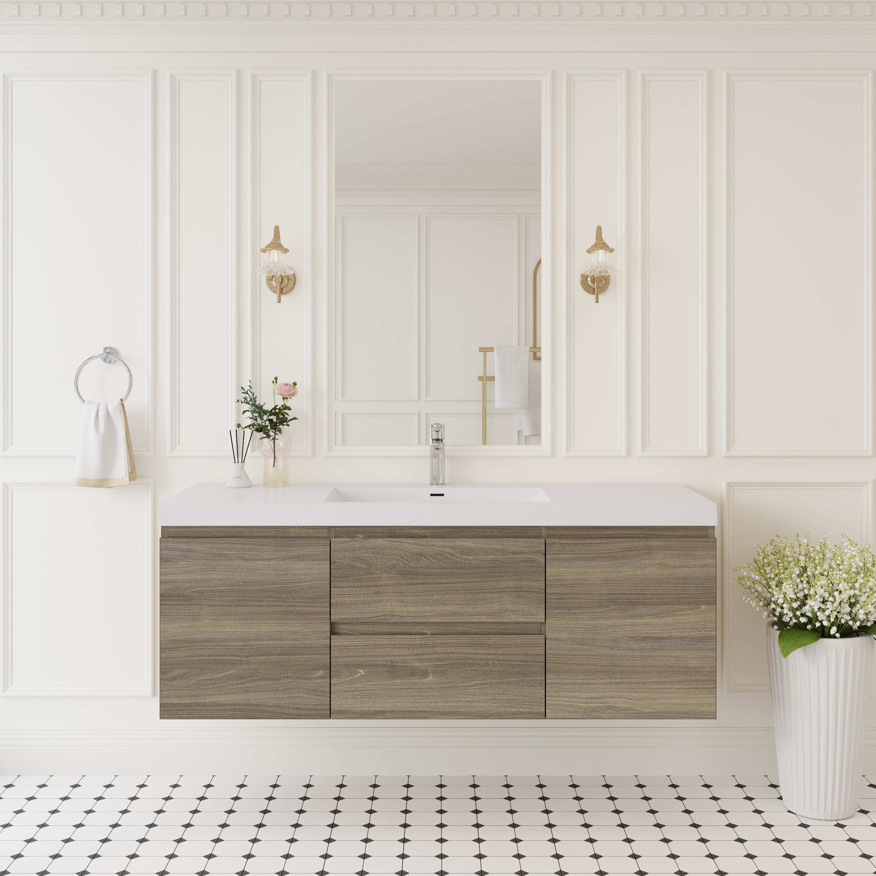 60' Floating Bathroom Vanity with Sink, Modern Wall-Mounted Bathroom Storage Vanity Cabinet with Solid Surface Top Basin and Soft Close Drawers, Ash Grey 24V11-60SAG