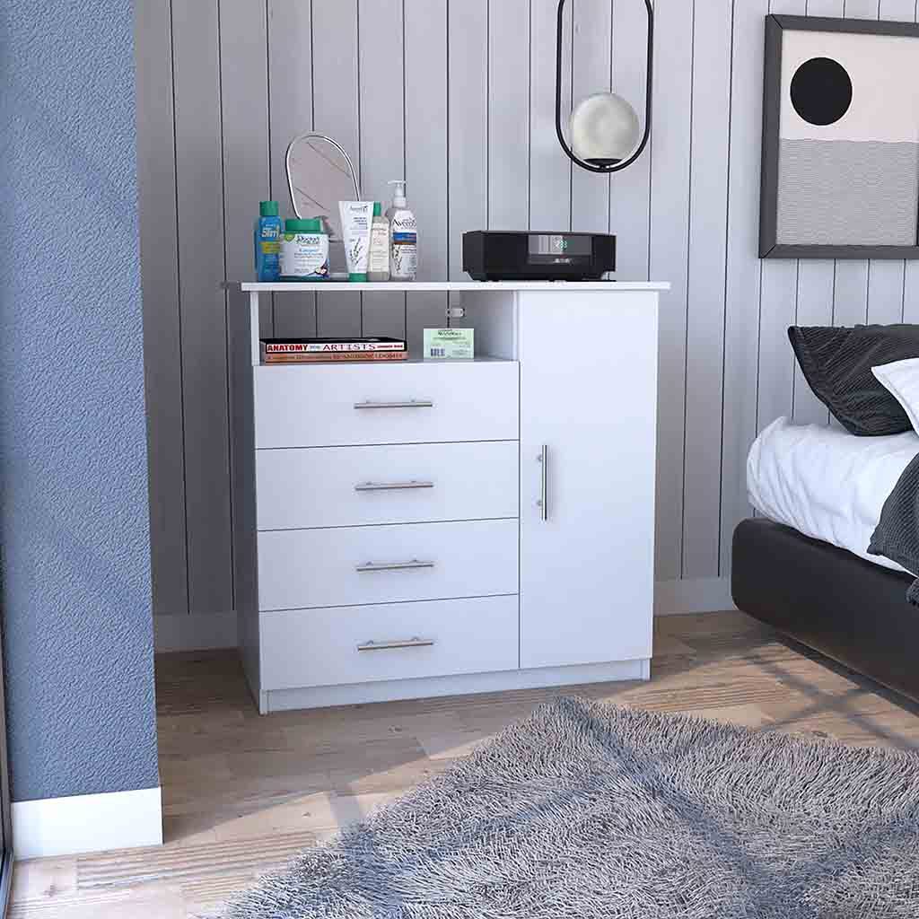 4 Drawer Dresser, One Open Shelf, Superior Top, Single Door Cabinet, White
