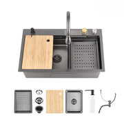 Waterfall Kitchen Sink, Stainless Steel Single Bowl in Black, Multifunctional Workstation with Flying-rain Faucet and Cutting Board, 30×22″ Stainless Steel Single Bowl Sink, SSBL12