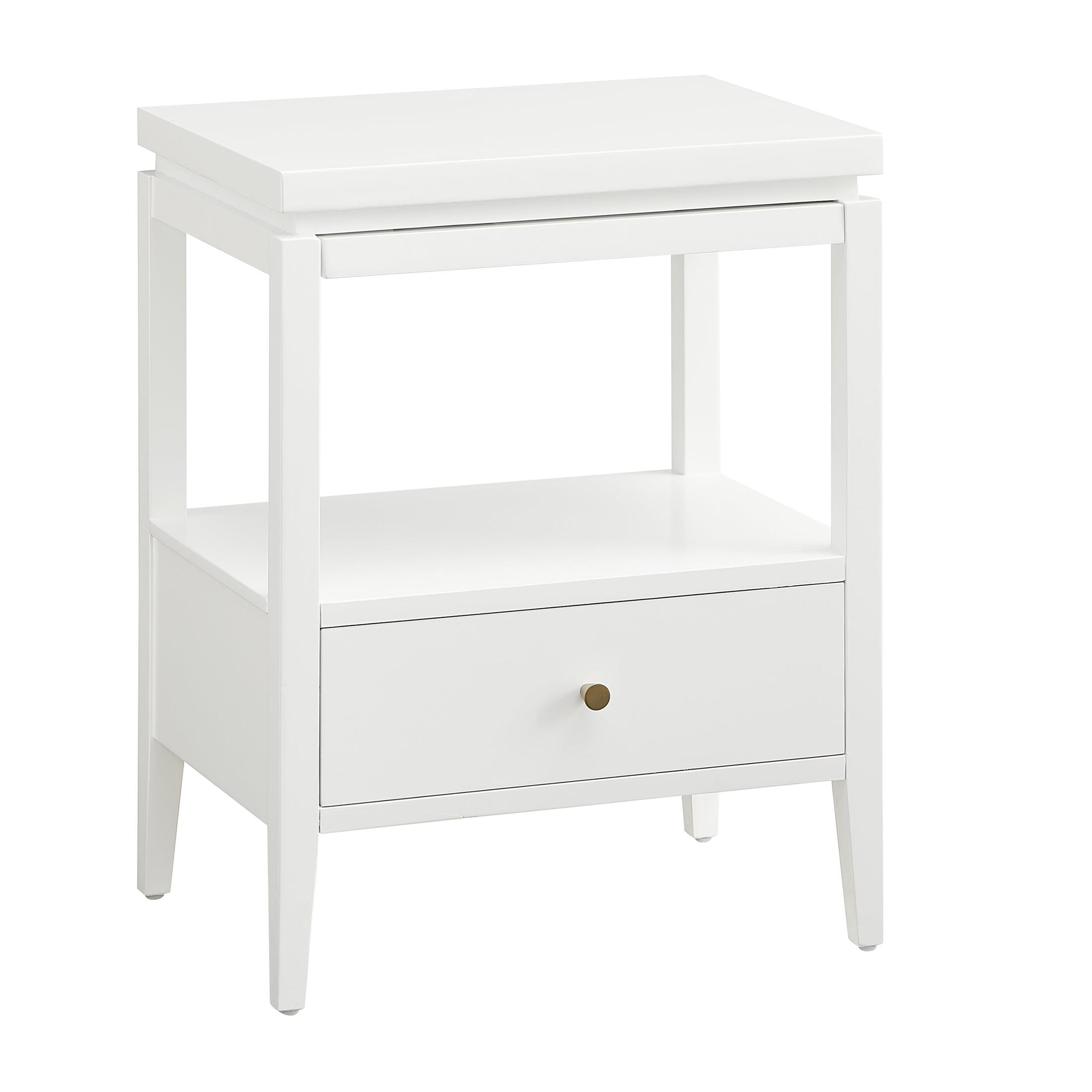 Olana White 1-Drawer Nightstand with Floating Top Design, Solid Wood and MDF Construction, Tapered Legs, Gold Finish Pull