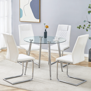 A modern minimalist round transparent tempered glass table with silver metal legs and 4 white modern PU leather high-backed dining chairs for a luxurious experience.