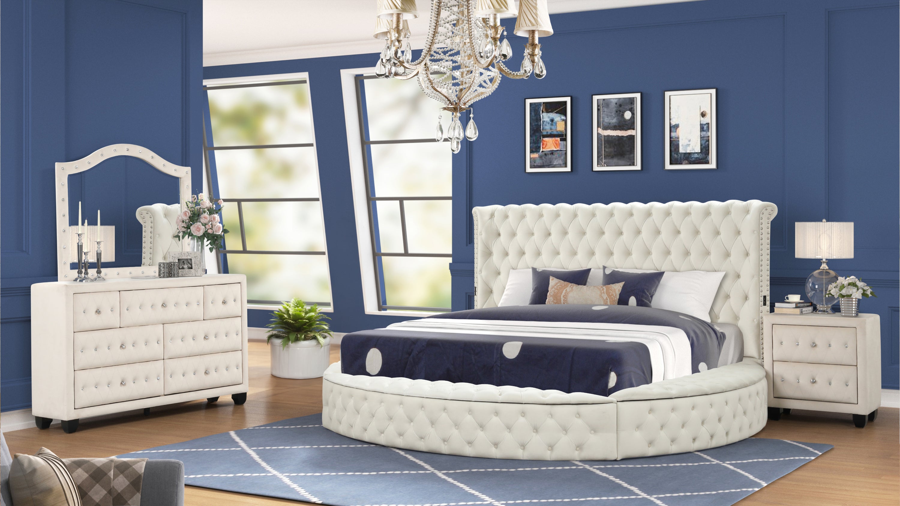 HAZEL Modern Style Queen 4PC  Bedroom Set with USB Ports & Made with Wood in Cream(CA INVENTORY)