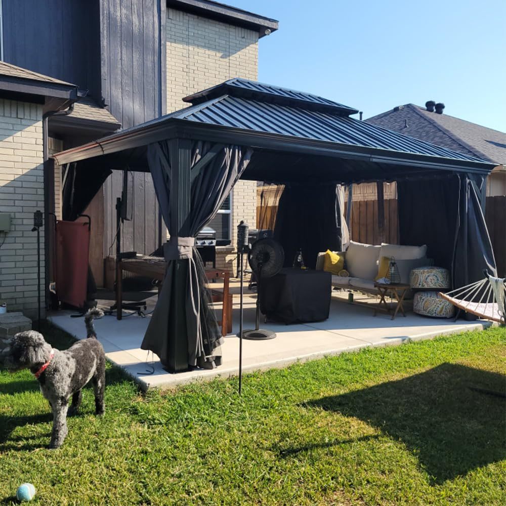 12' X 16' Hardtop Gazebo Outdoor Metal Gazebo with Galvanized Steel Double Roof Canopy, Aluminum Frame, Curtains and Netting for Patio, Deck, Garden, Grey