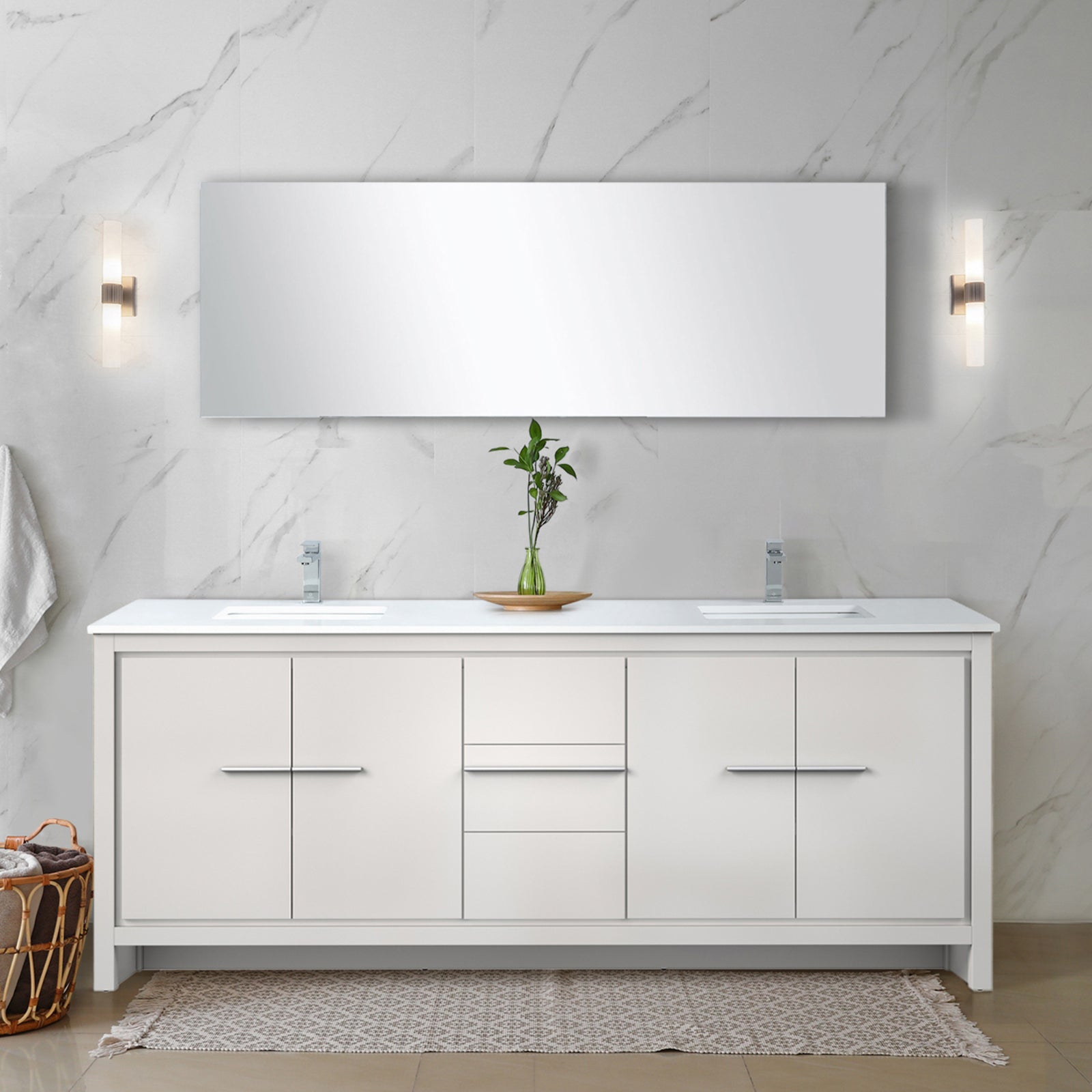 White Double Bath Vanity 80 in. W x 20 in. D, White Quartz Top and Chrome Faucet Set