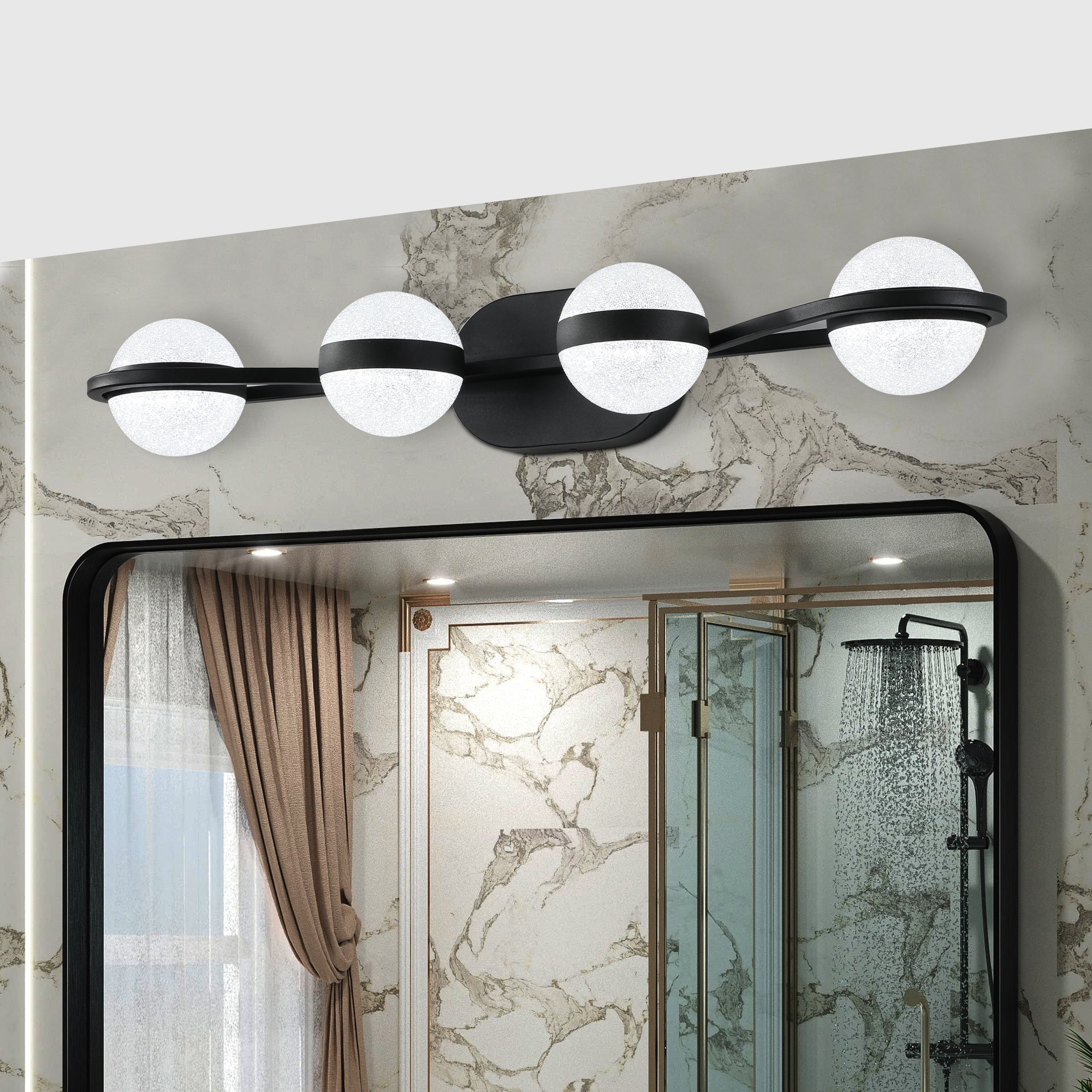 30' Black Minimalist LED Bathroom Vanity Light with Crystal Sand Acrylic Shades, 4-Light Wall Mounted Decorative Lighting Fixture, Suitable for Bathroom Vanity Mirror