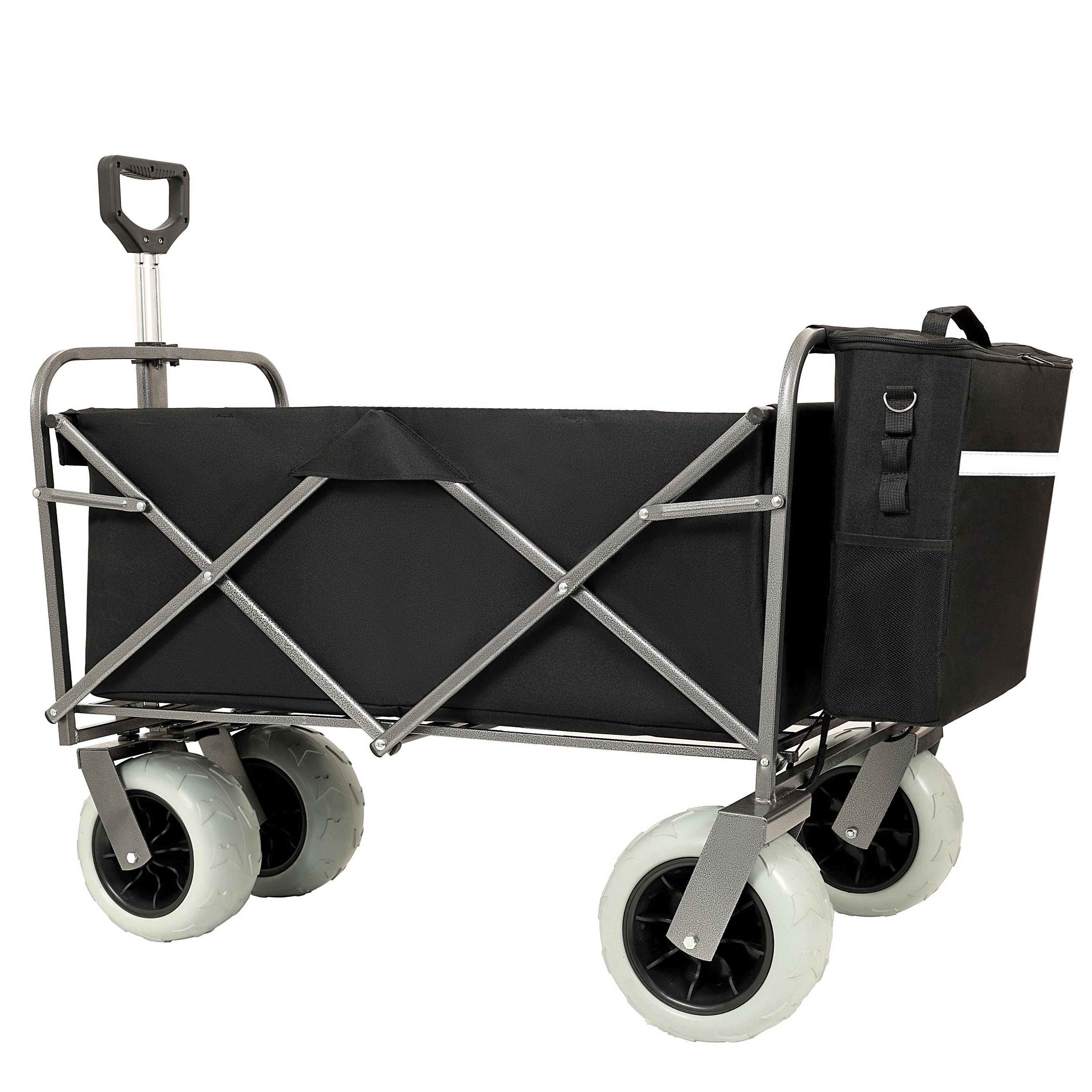 Beach Wagon with Big Wheels for Sand 500lbs capacity - All Terrain Steel Frame Utility Cart with 9' Pneumatic Tires, Collapsible Folding Design ,strap with multiuse bag ,black