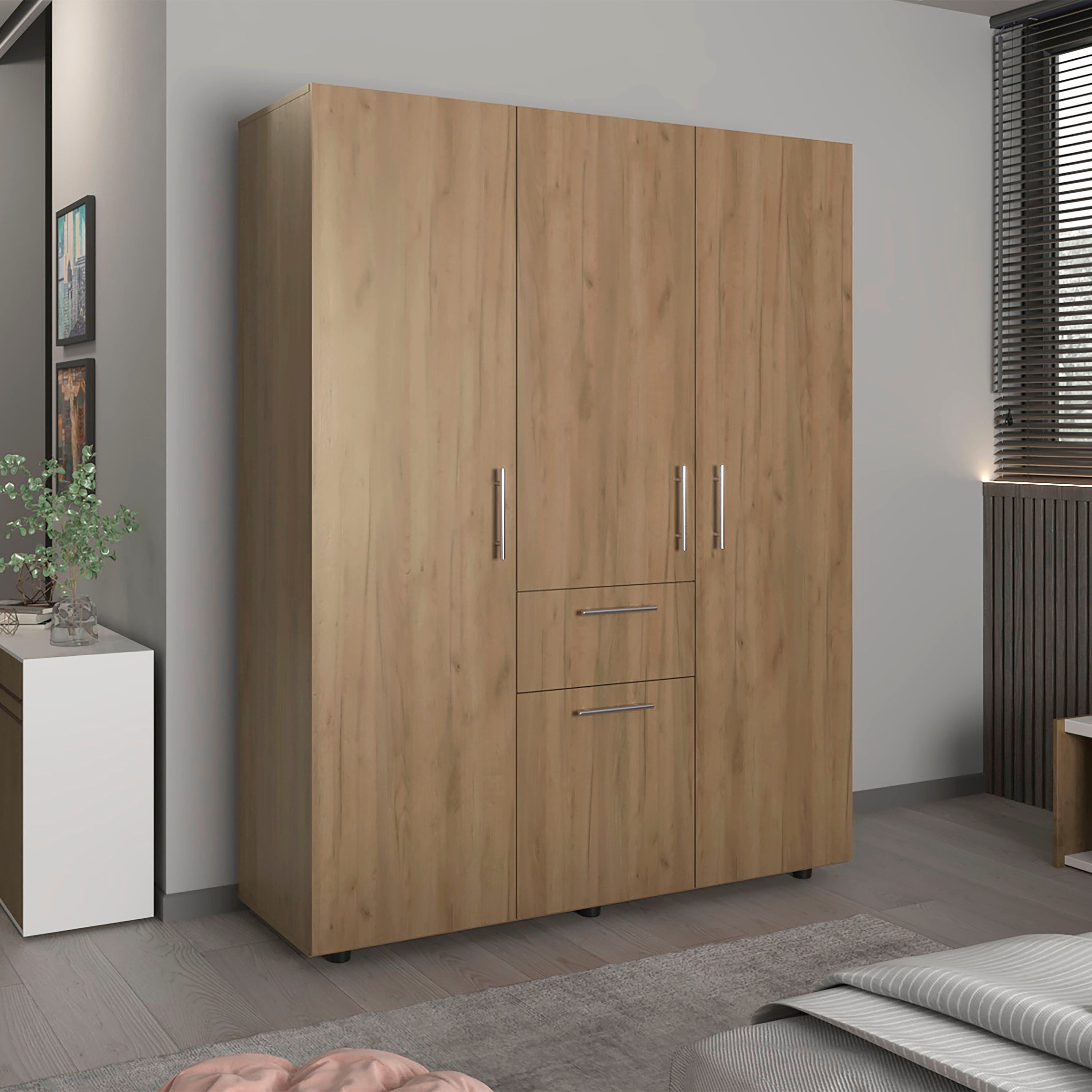 Bariloche 70' High Four-Door, One Drawer Armoire With Three Hanging Rods, Seven Shelves Bedroom, Wardrobe, Closet Natural Oak