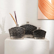 Decorative Modern Geometric Fusion Aluminum Vases – Set of 3 Distress Black Table Accents