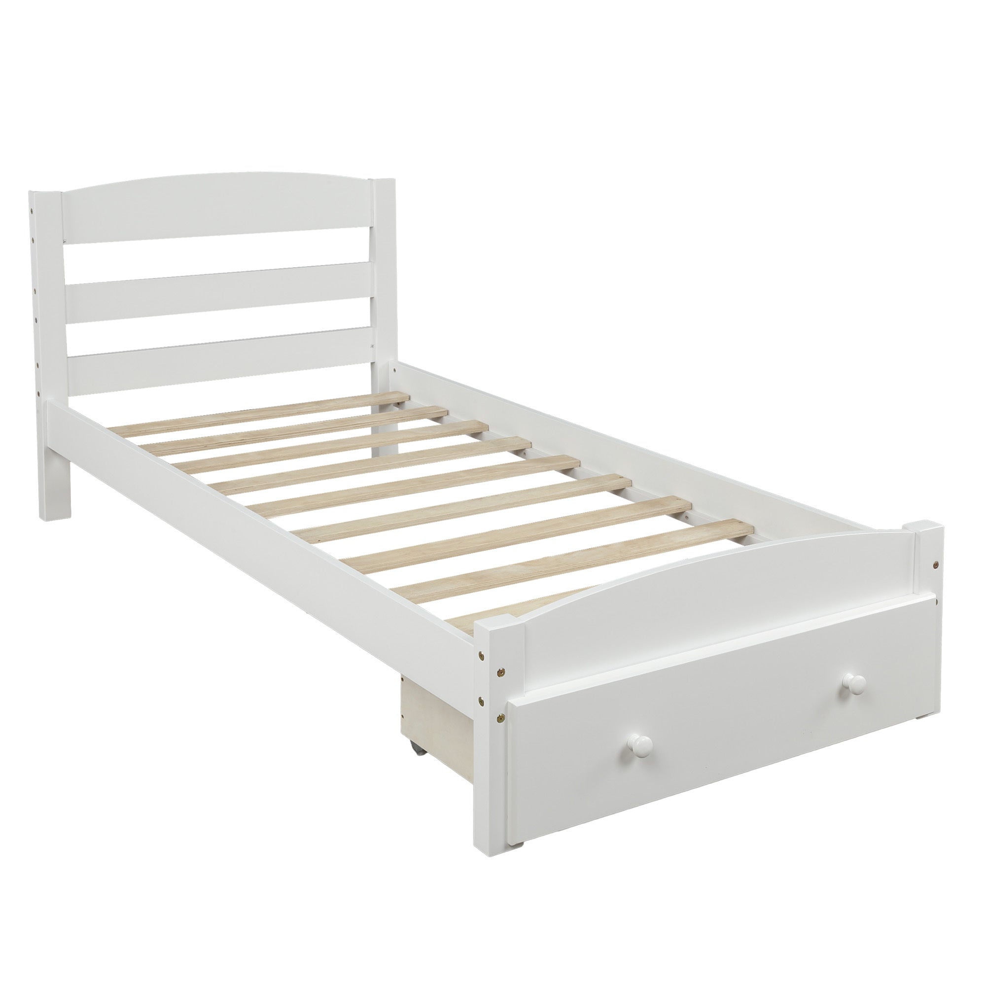 Classic Pine Wood Platform Twin Bed Frame with Storage Drawer, White Finish, No Box Spring Needed
