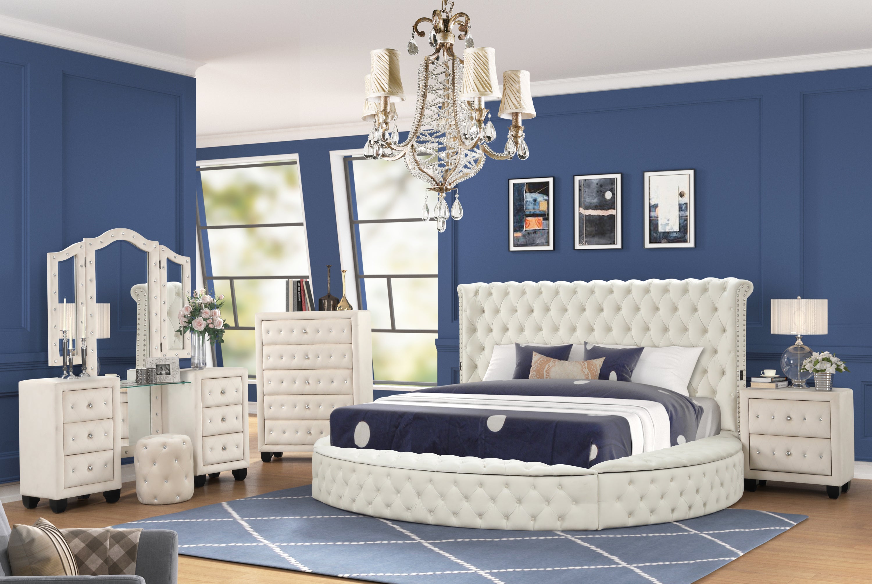 HAZEL Modern Style Queen 5PC Vanity Bedroom Set with USB Ports & Made with Wood in Cream(CA INVENTORY)