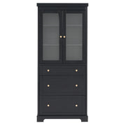 Modern Freestanding Tall Bathroom Cabinet with Adjustable Shelves, Drawers, Soft Close Glass Doors, Black MDF, 70.1'