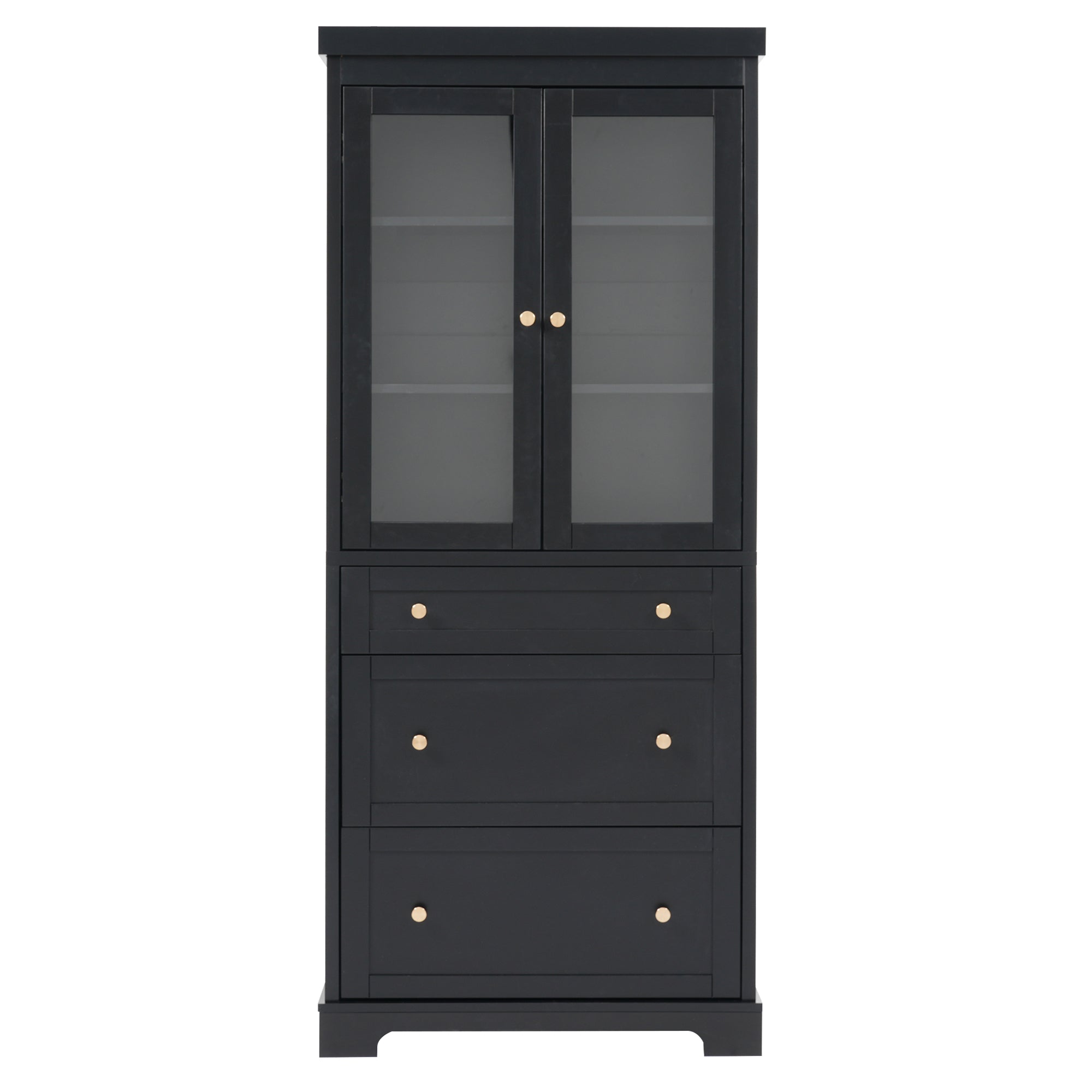 Modern Freestanding Tall Bathroom Cabinet with Adjustable Shelves, Drawers, Soft Close Glass Doors, Black MDF, 70.1'