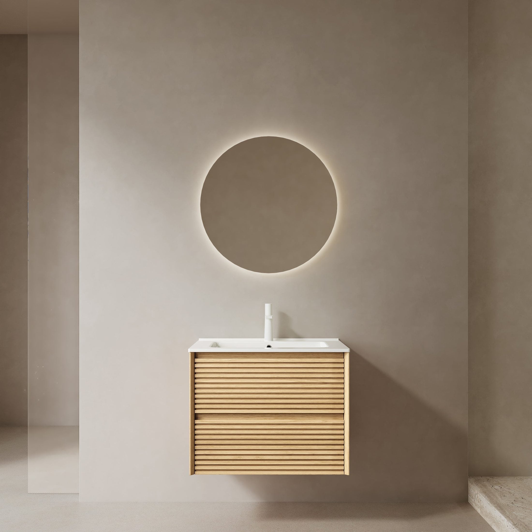 BRON 24' Bathroom Vanity with Sink, Wall-Mounted Floating Plywood Bathroom Storage Cabinet with Drawers, White Ceramic Basin without Faucet, Pre-assembled, Corolla Oak Woodgrain Color
