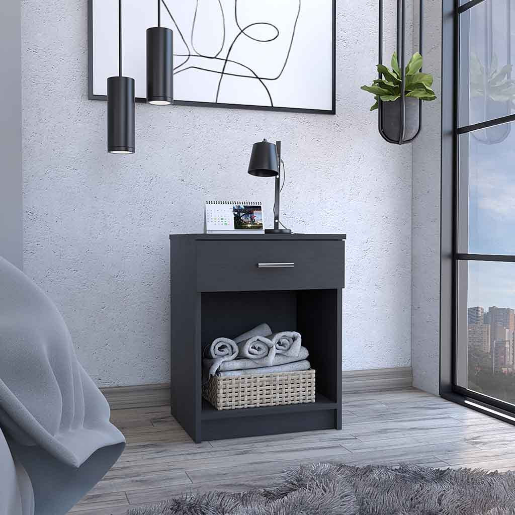 Eco Nightstand , End Table, Side Table Superior Top,  One Drawer, Lower Shelf -Black