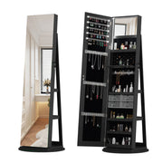 360°Swivel Jewelry Cabinet with Full Length Mirror, 360°Rotating Standing Jewelry Armoire Organizer, Lockable Storage Cabinet, Interior Lighted Mirror, Black