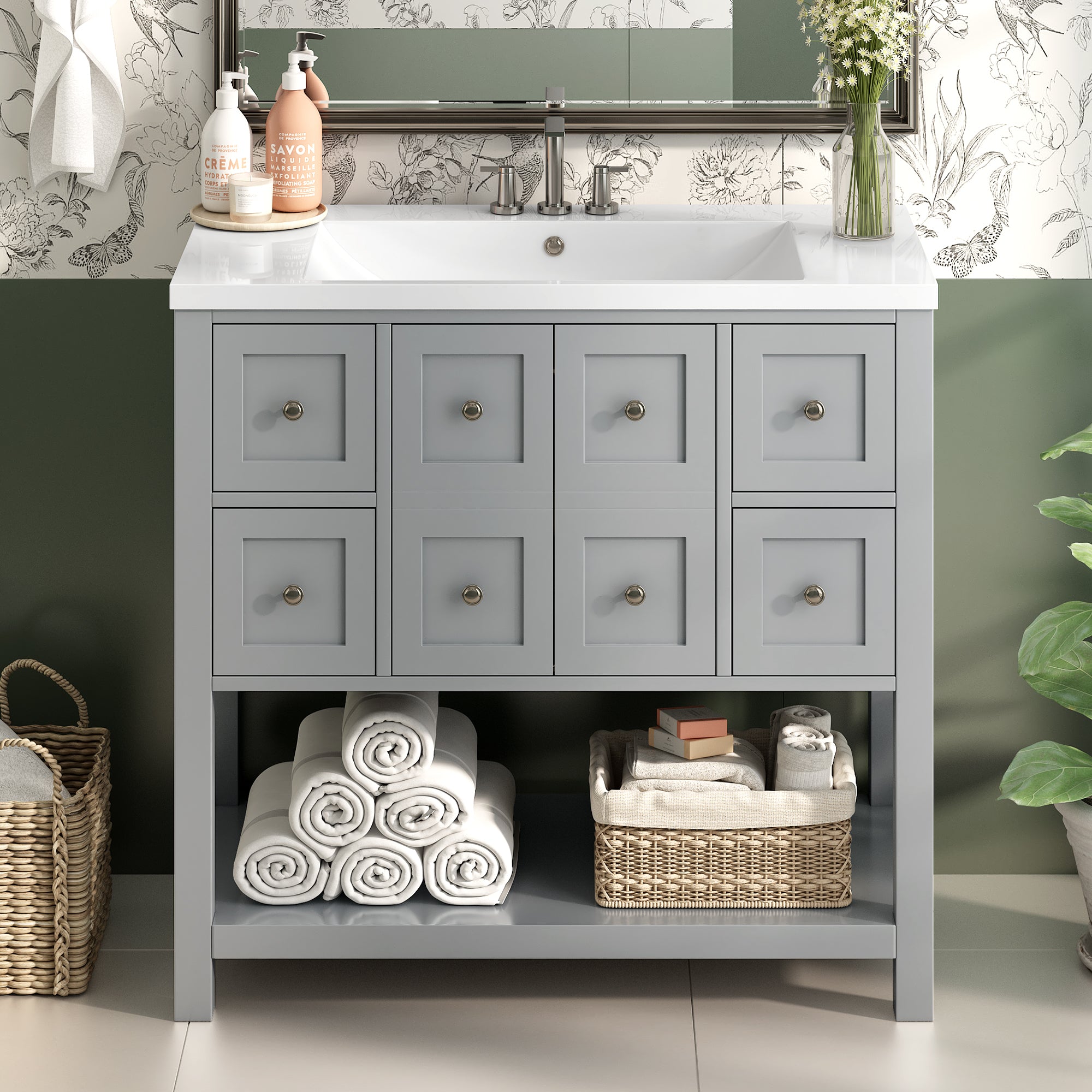 36'' Bathroom Vanity with Undermount Sink,Free Standing Vanity Set with 4 Drawers& Soft Closing Doors,Solid Wood Frame Bathroom Storage Cabinet (Same as SW000123AAE)