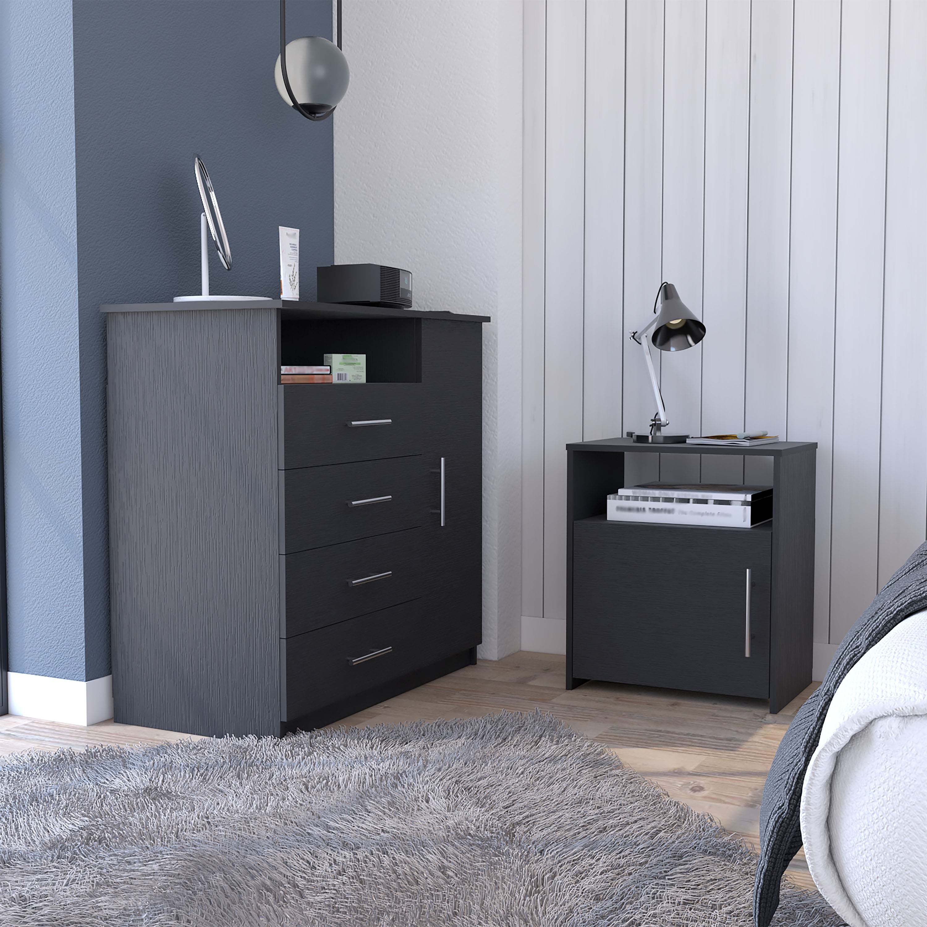 2 Piece Bedroom Set, Rioja 4 Drawer Dresser + Omaha Nightstand, Black