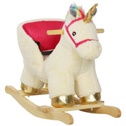 Qaba Kids Rocking Horse, Ride on Unicorn with Realistic Sounds, Safety Belt & Wooden Base, Plush Animal Rocker for Toddlers 18-36 Months, Cream White
