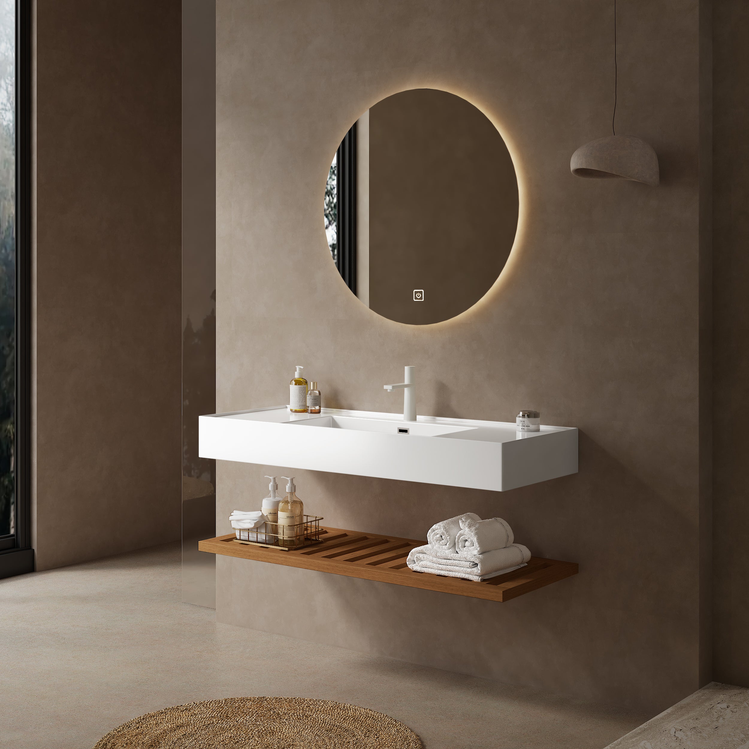 LEDE 48' Bathroom Vanity with Vessel Sink, Wall-Mounted Floating White Rectangular Acrylic Integrated Basin without Faucet, Striped Shelves Layer, Dark Walnut Woodgrain Color