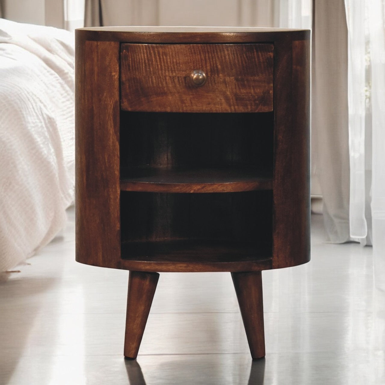 Solid Wood Cortez California Walnut Bedside, 1-Drawer, 2-Open Shelves, Nordic Legs, Dark Brown